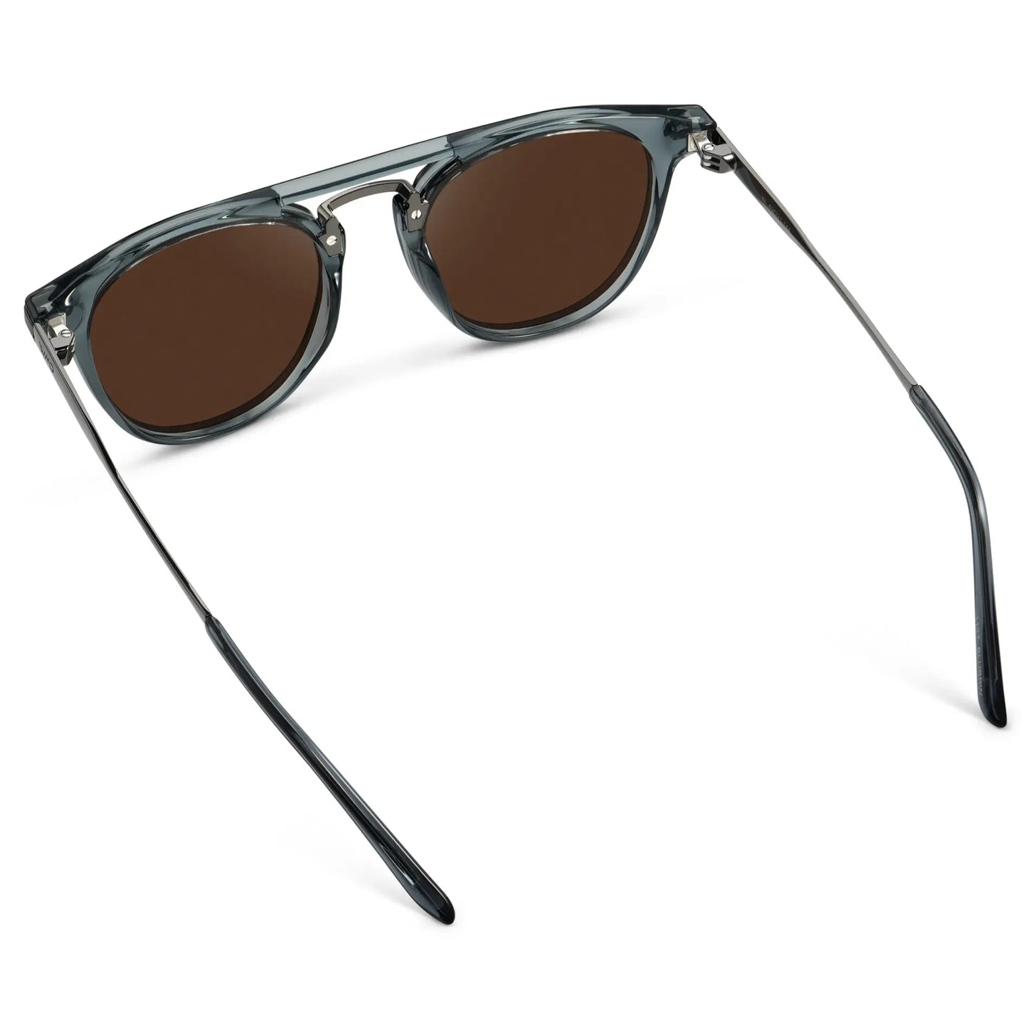 Stone Blue / Dark Brown Lens || Back view of Men's Round Polarized Sunglasses with Stone Blue Metal Frame and Dark Brown Lenses on a white background