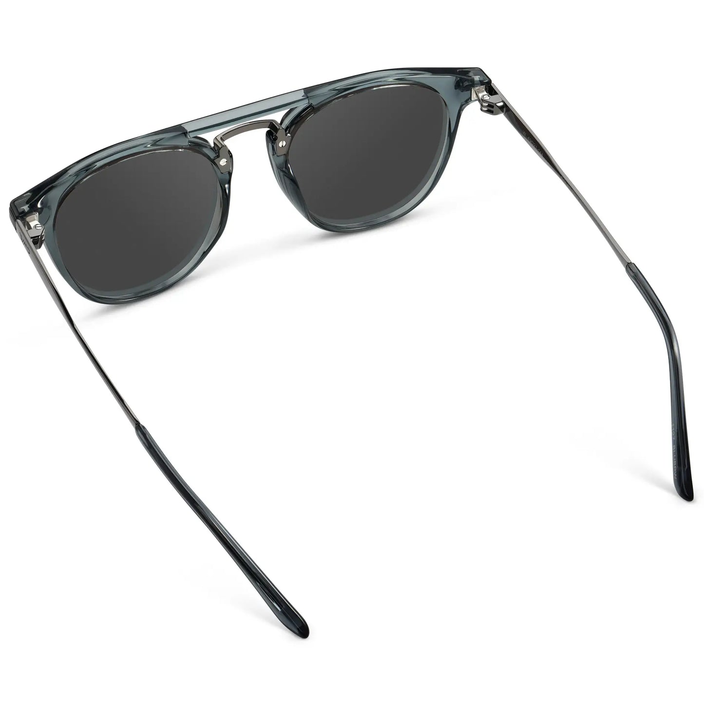 Stone Blue / Grey || Back view of Men's Round Prescription Sunglasses with Stone Blue Frame and Grey Lenses on a white background