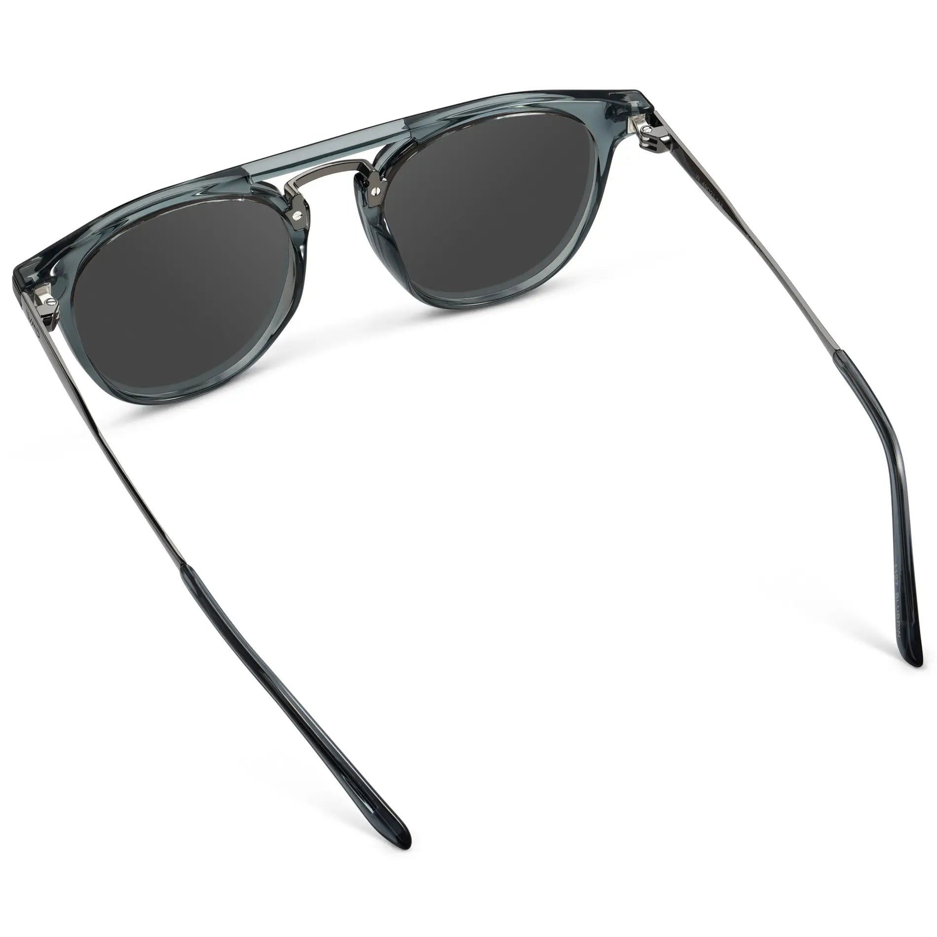 Stone Blue / Grey || Back view of Men's Round Prescription Sunglasses with Stone Blue Frame and Grey Lenses on a white background