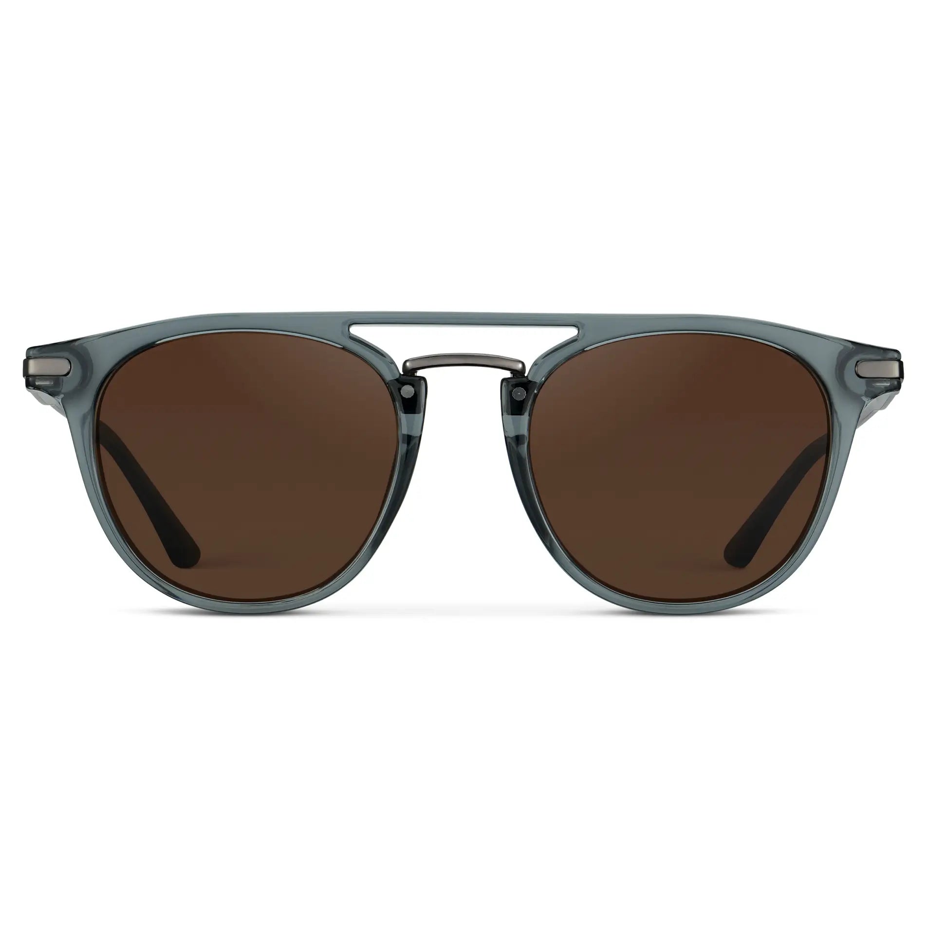 Stone Blue / Dark Brown Lens || Men's Round Polarized Sunglasses with Stone Blue Metal Frame and Dark Brown Lenses on a white background