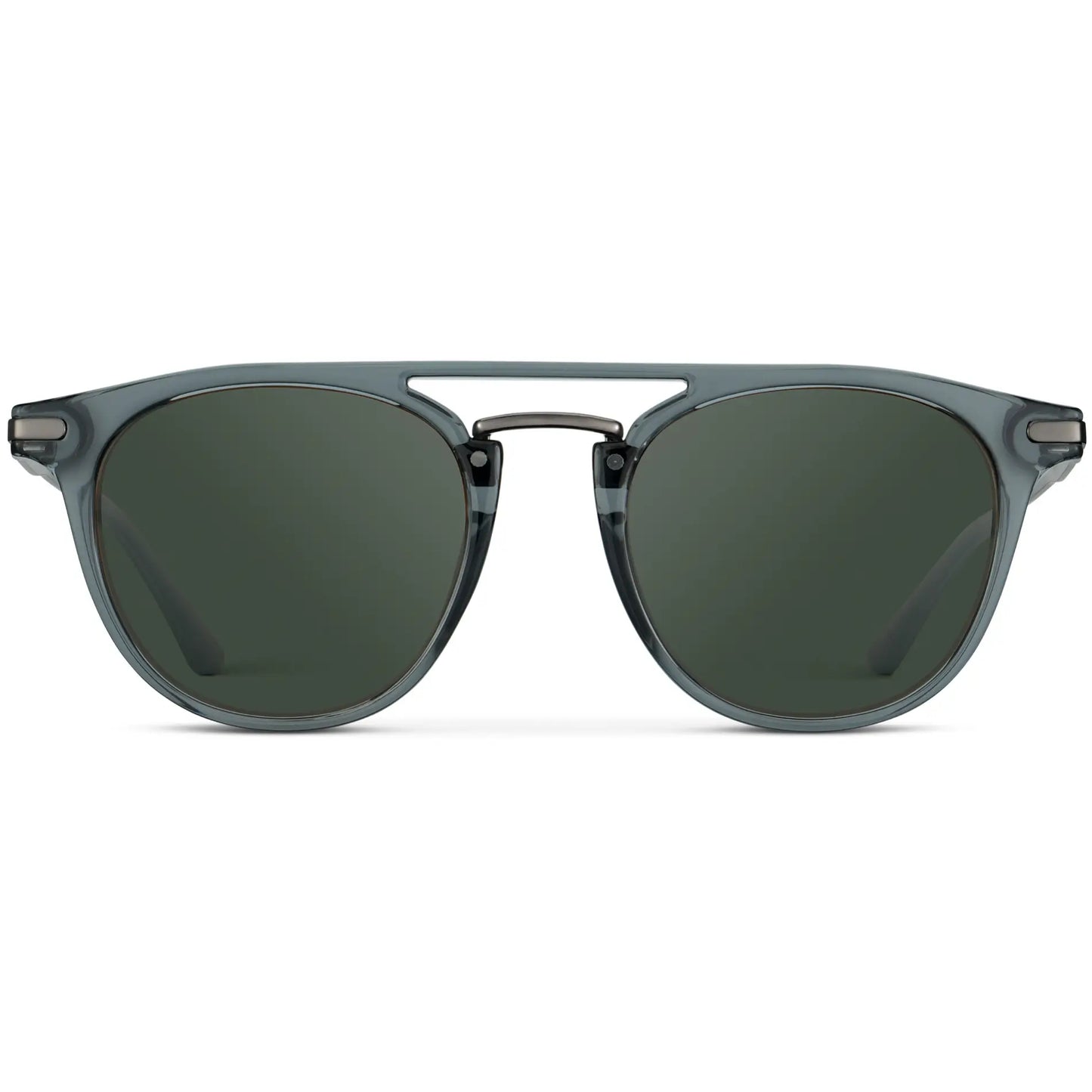 Stone Blue / G15 || Men's Round Prescription Sunglasses with Stone Blue Frame and Green Lenses on a white background