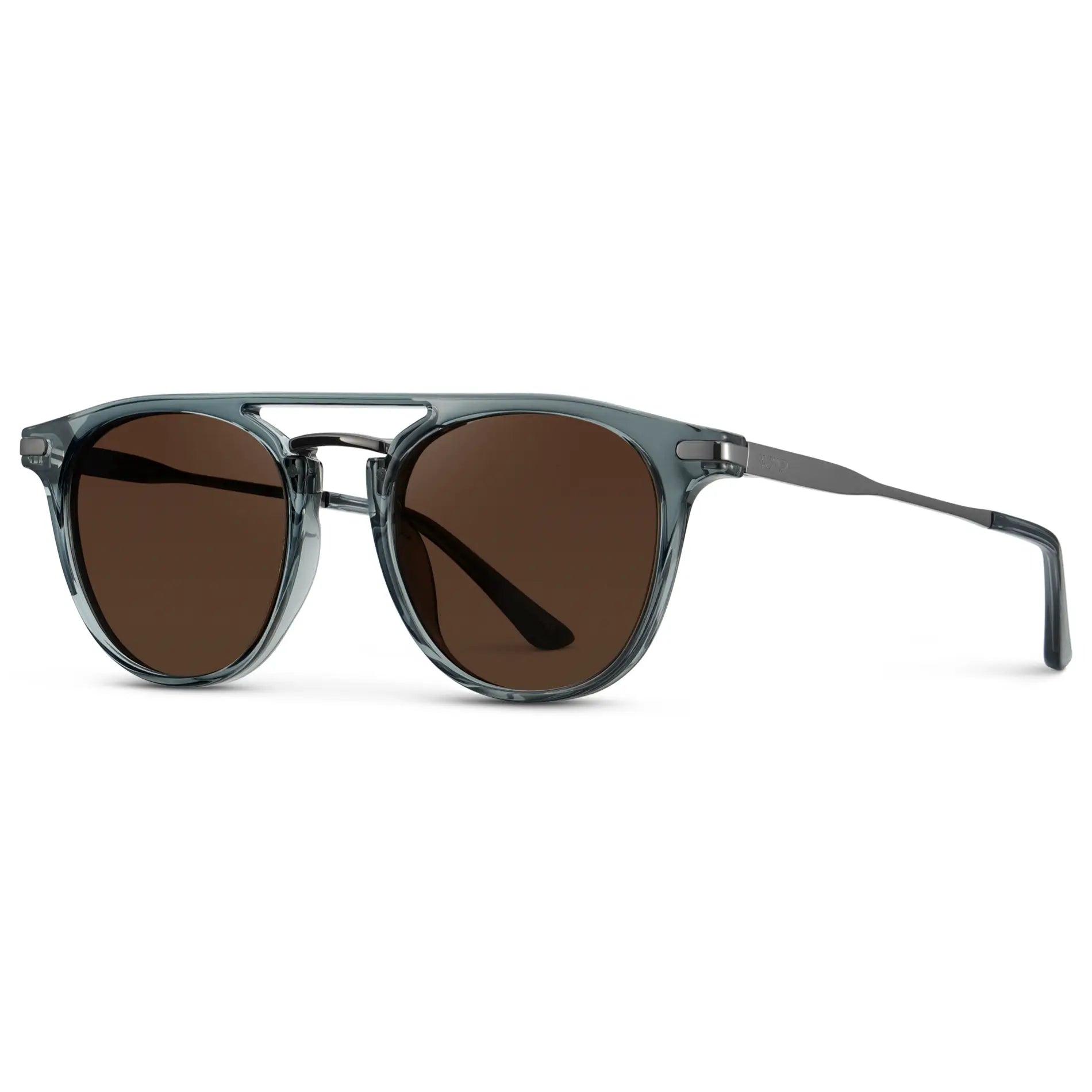 Stone Blue / Dark Brown Lens || Side view of Men's Round Polarized Sunglasses with Stone Blue Metal Frame and Dark Brown Lenses on a white background