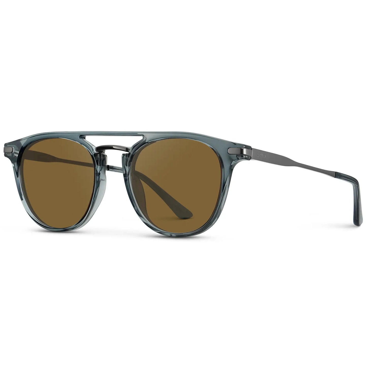 Stone Blue / Amber || Side view of Men's Round Prescription Sunglasses with Stone Blue Frame and Amber Lenses on a white background