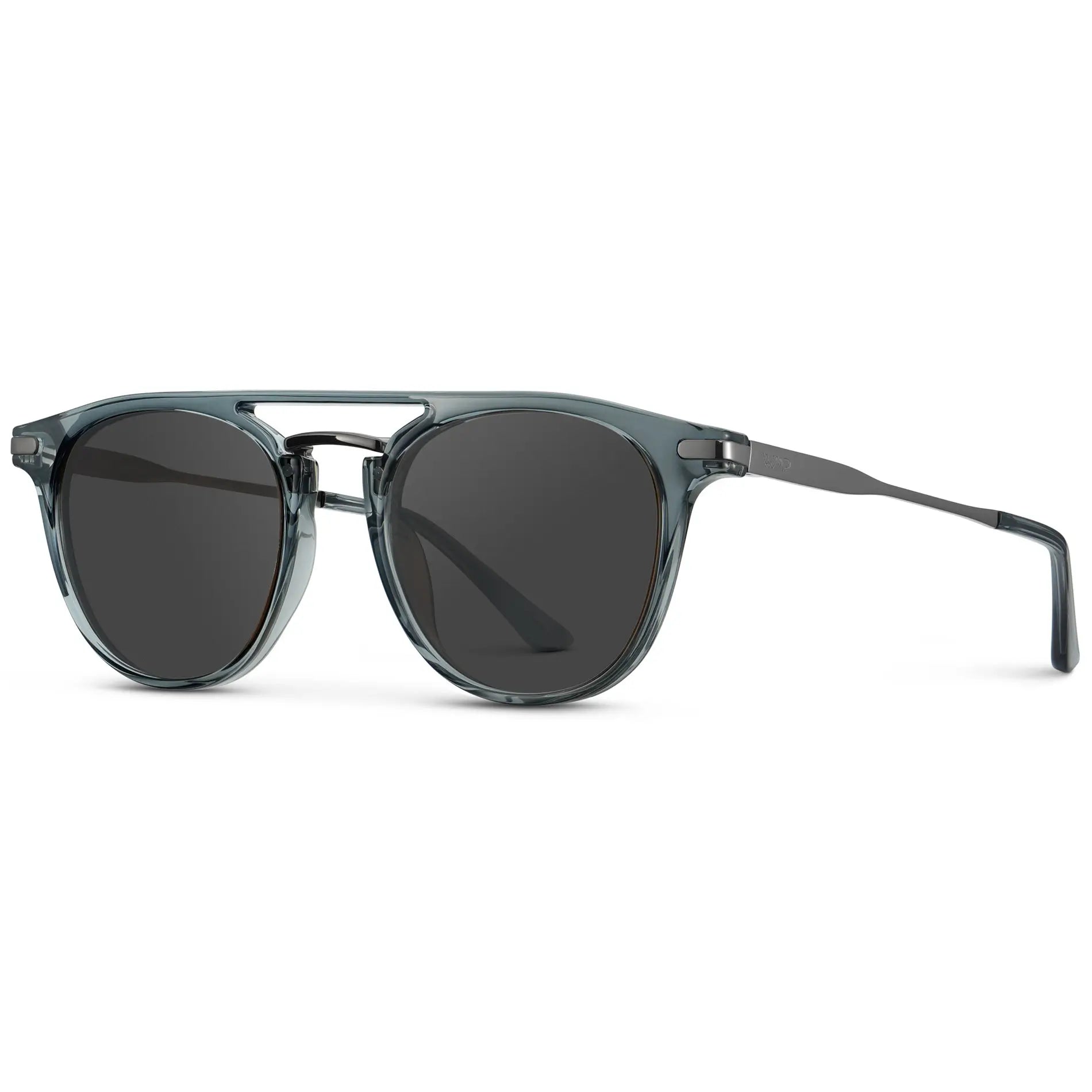 Stone Blue / Grey || Side view of Men's Round Prescription Sunglasses with Stone Blue Frame and Grey Lenses on a white background