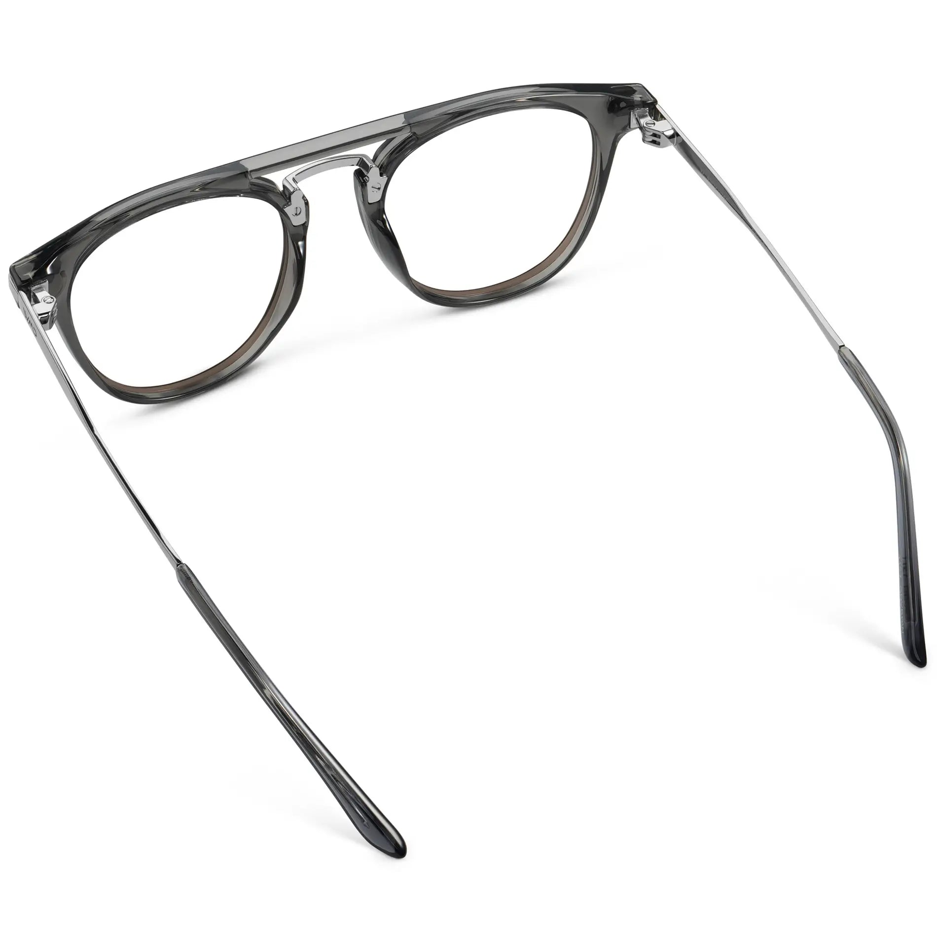 Smoke Grey || Back view of Men's Round Prescription Glasses with Smoke Grey Frame and Clear Lenses on a white background