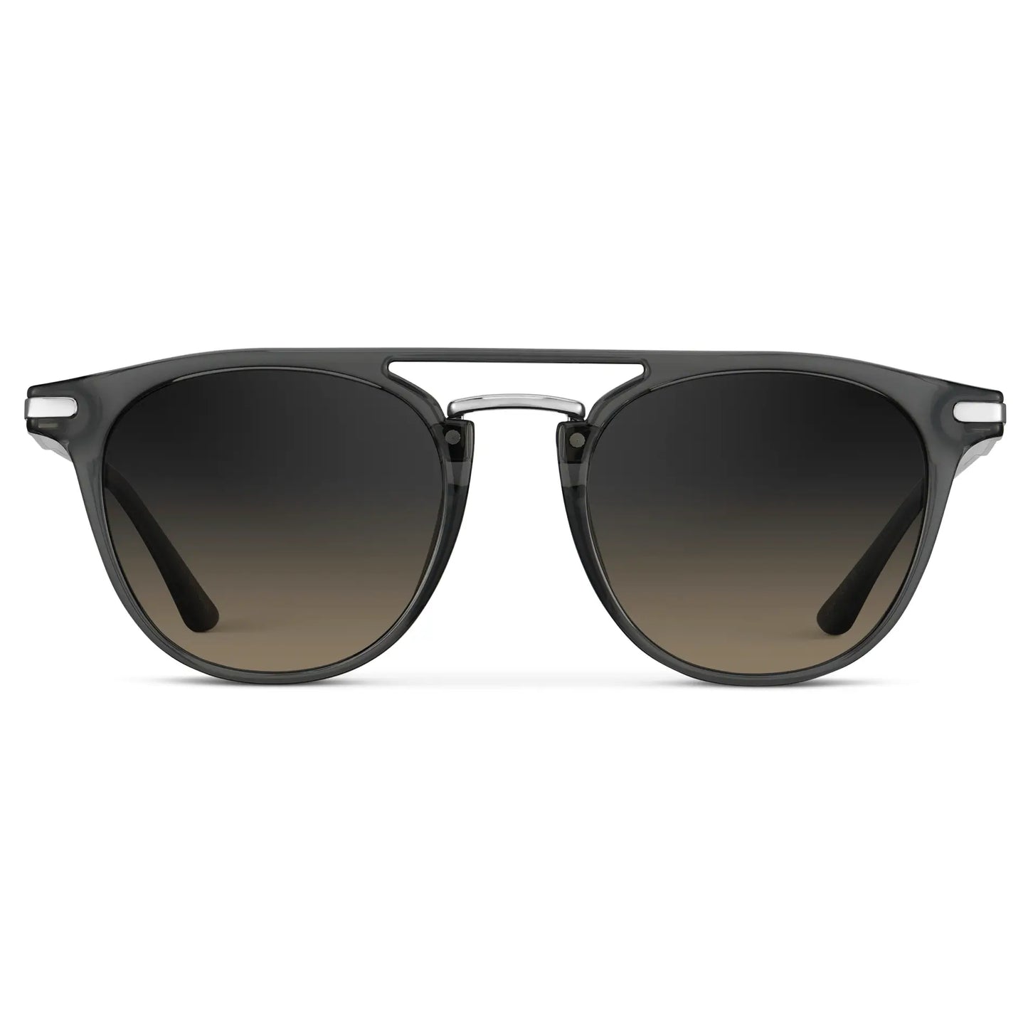 Smoke Grey / Grey Brown Gradient Lens || Men's Round Polarized Sunglasses with Smoke Grey Metal Frame and Grey Brown Gradient Lenses on a white background
