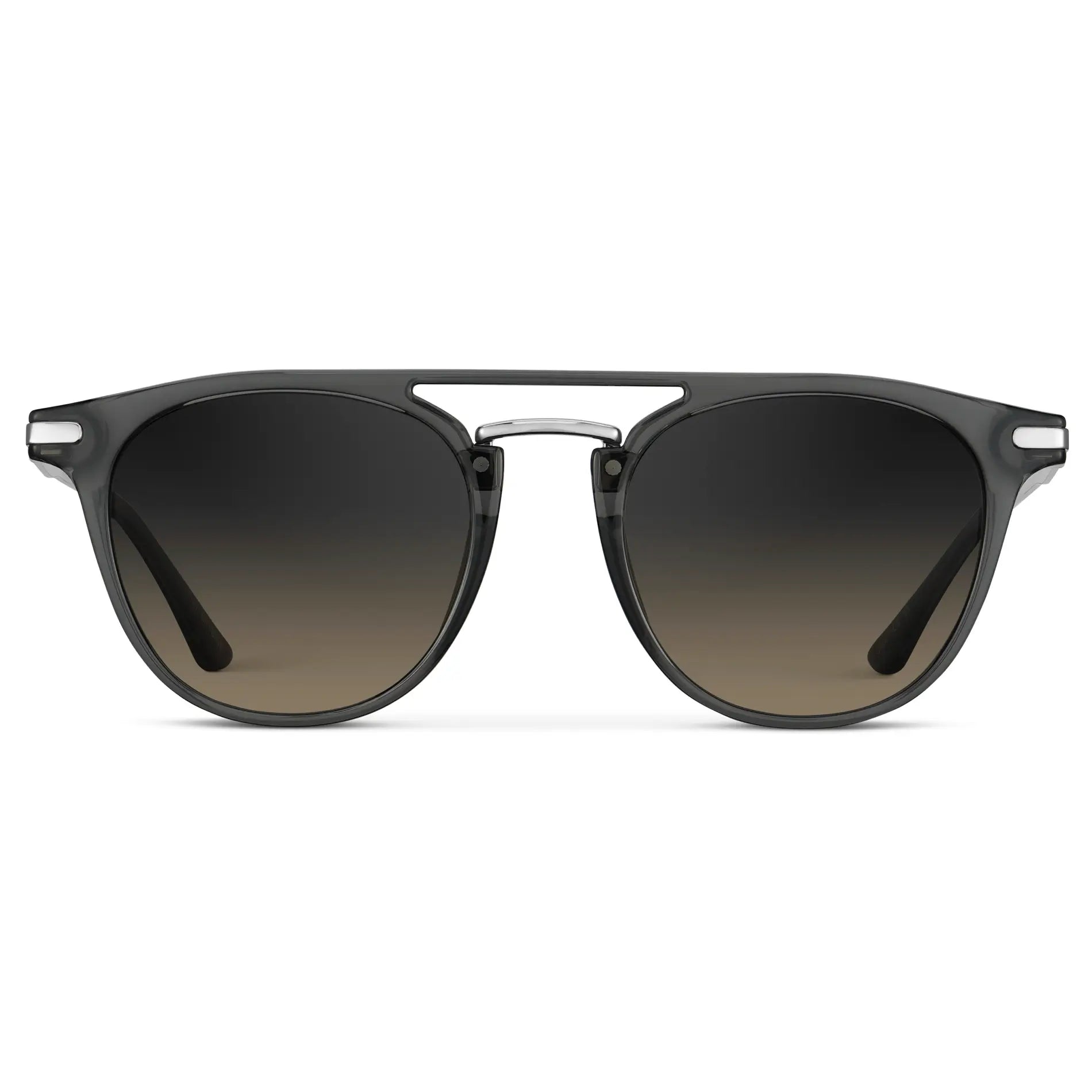 Smoke Grey / Grey Brown Gradient Lens || Men's Round Polarized Sunglasses with Smoke Grey Metal Frame and Grey Brown Gradient Lenses on a white background