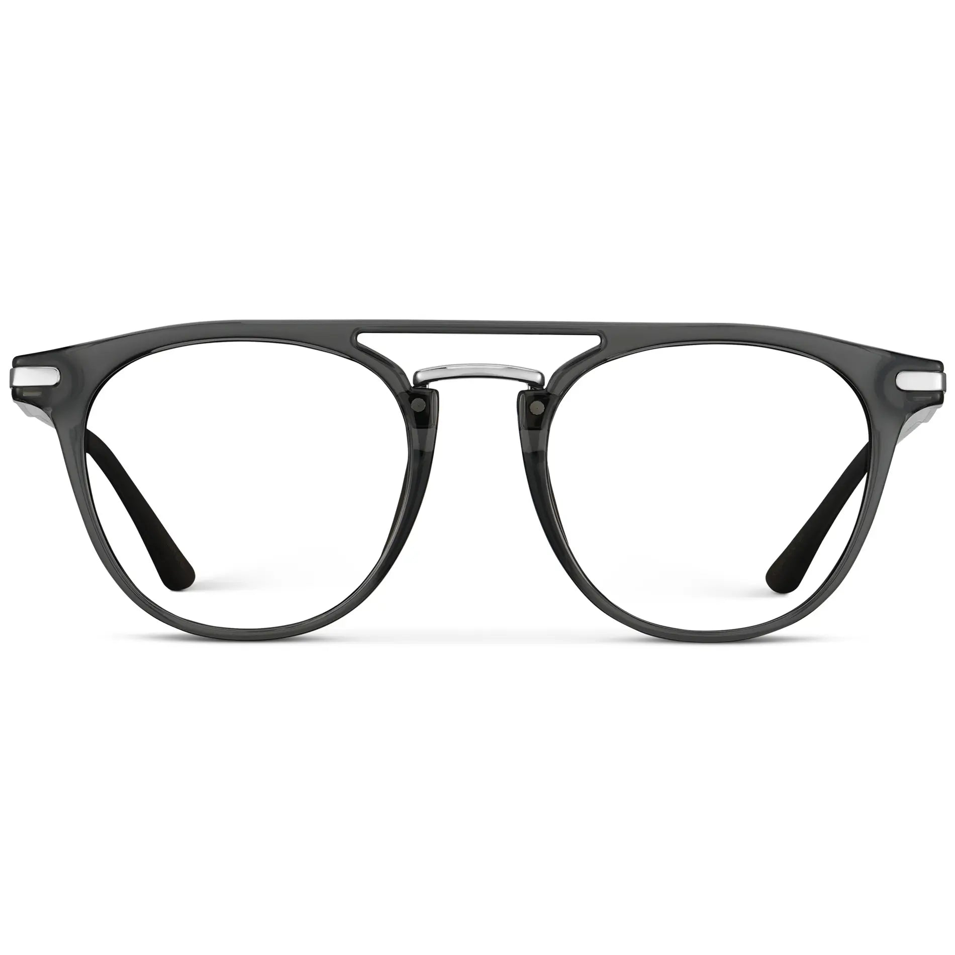 Smoke Grey || Men's Round Prescription Glasses with Smoke Grey Frame and Clear Lenses on a white background