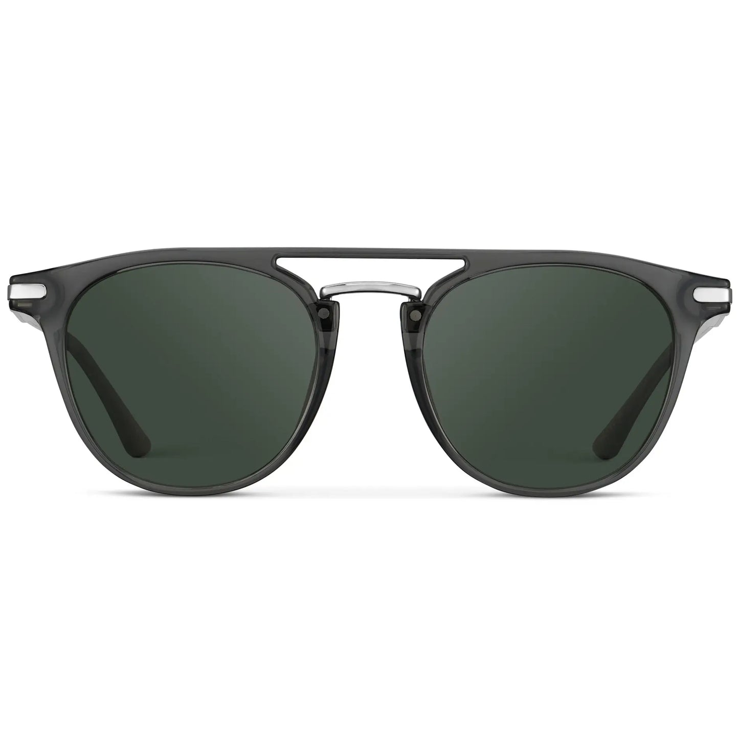 Smoke Grey / G15 || Men's Round Prescription Sunglasses with Smoke Grey Frame and Green Lenses on a white background