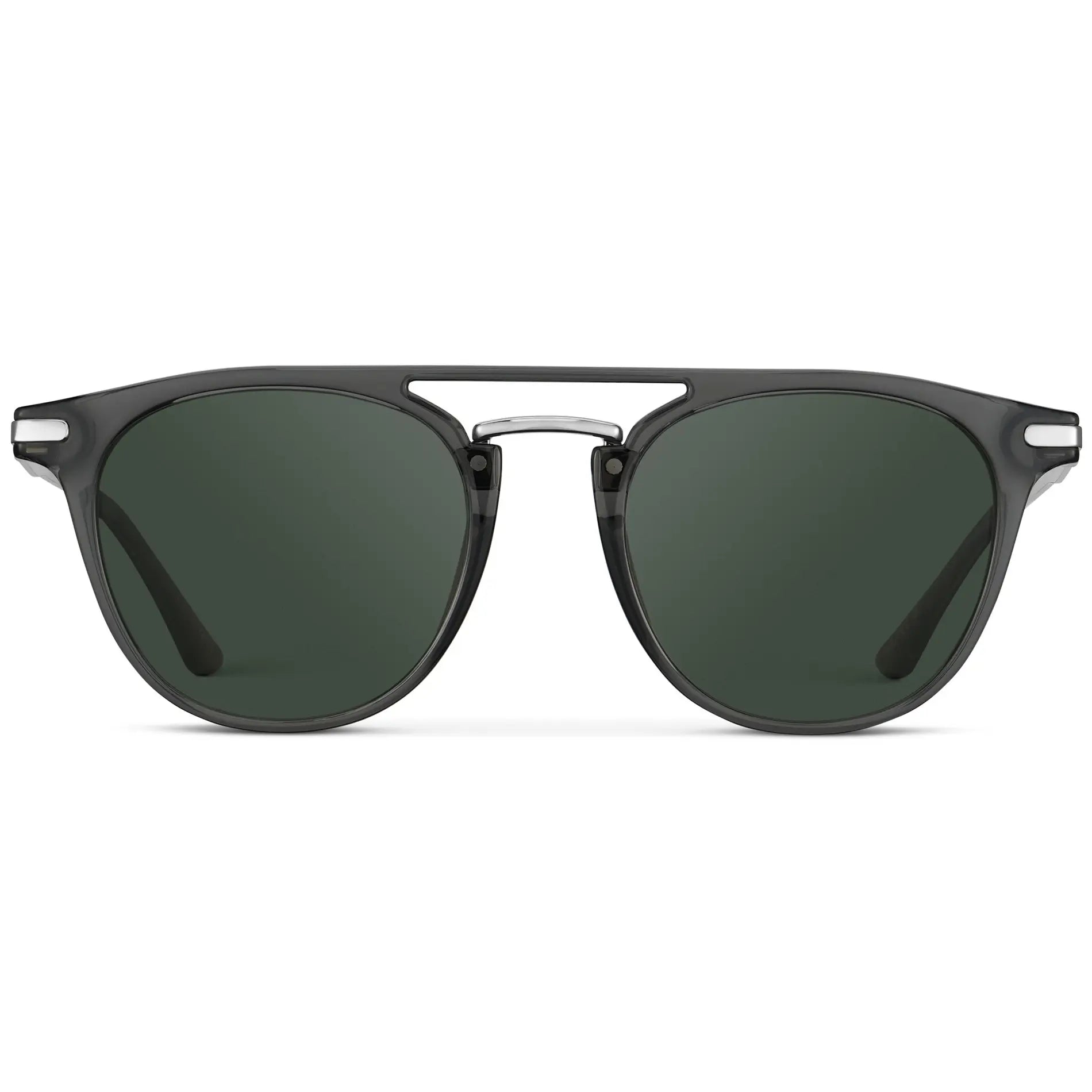Smoke Grey / G15 || Men's Round Prescription Sunglasses with Smoke Grey Frame and Green Lenses on a white background