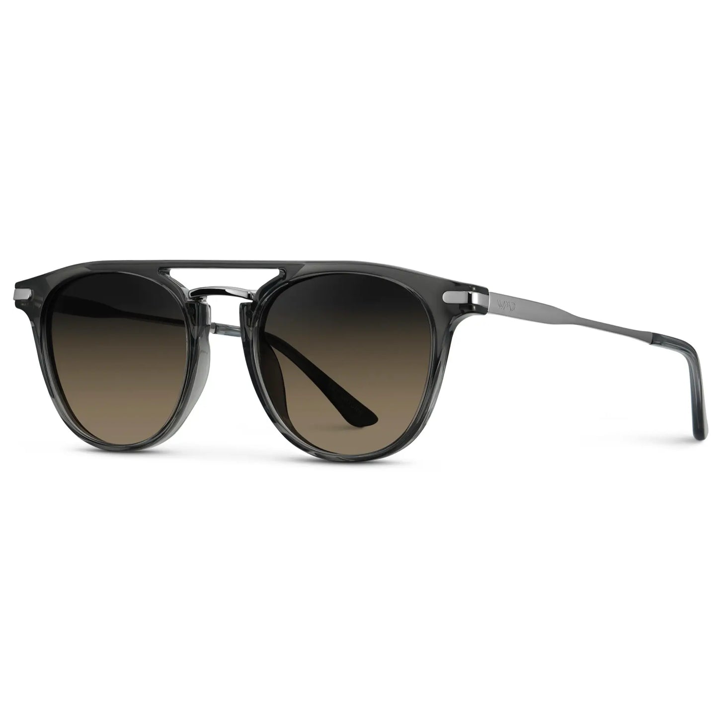 Smoke Grey / Grey Brown Gradient Lens || Side view of Men's Round Polarized Sunglasses with Smoke Grey Metal Frame and Grey Brown Gradient Lenses on a white background