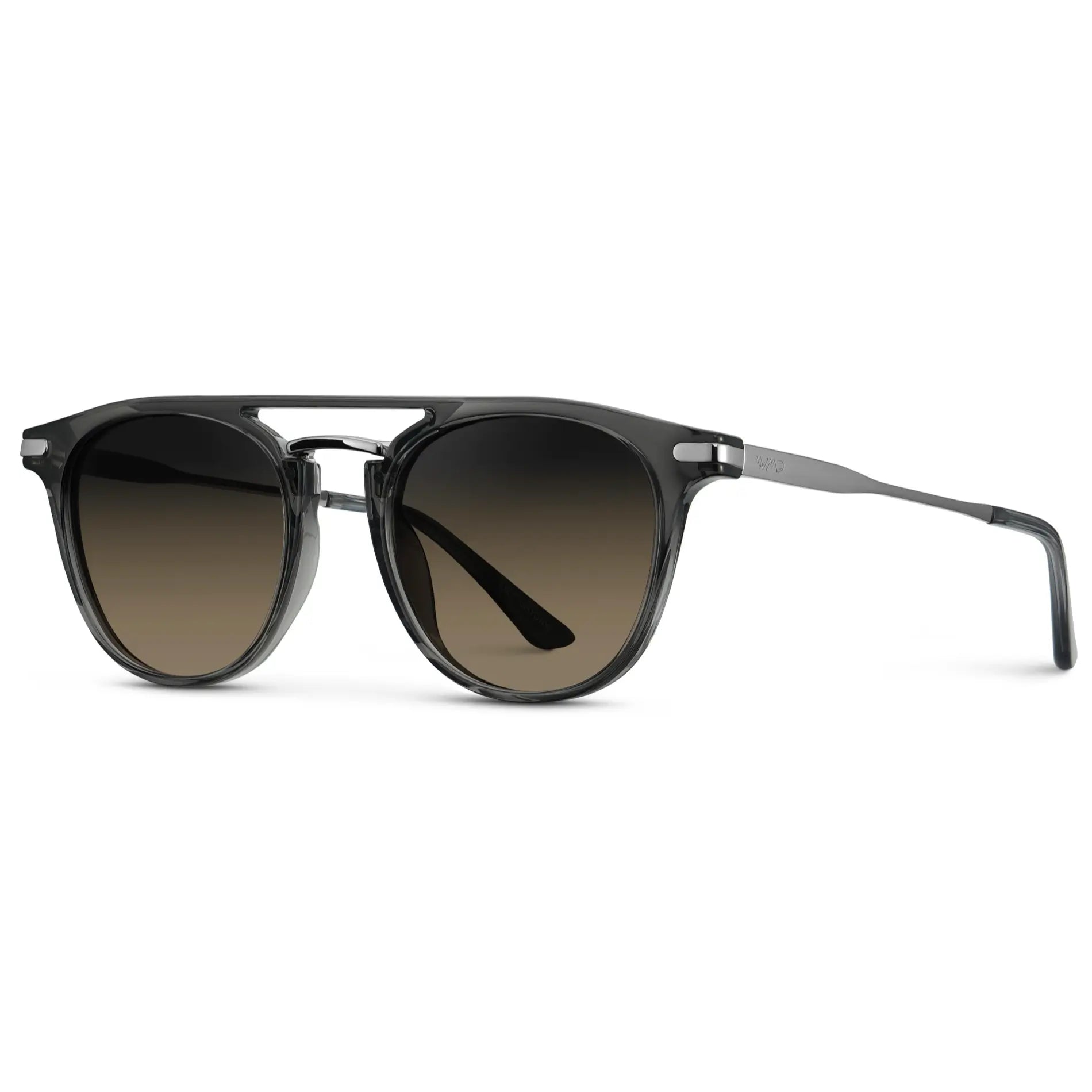 Smoke Grey / Grey Brown Gradient Lens || Side view of Men's Round Polarized Sunglasses with Smoke Grey Metal Frame and Grey Brown Gradient Lenses on a white background