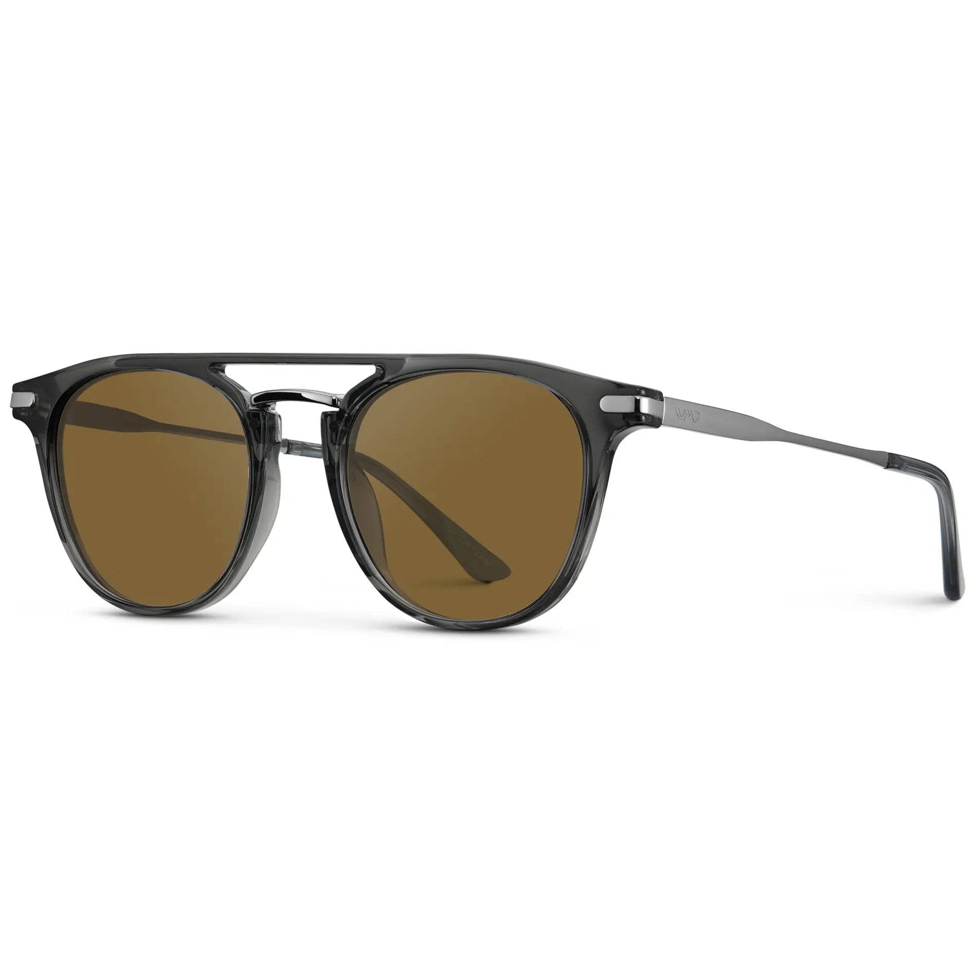 Smoke Grey / Amber || Side view of Men's Round Prescription Sunglasses with Smoke Grey Frame and Amber Lenses on a white background