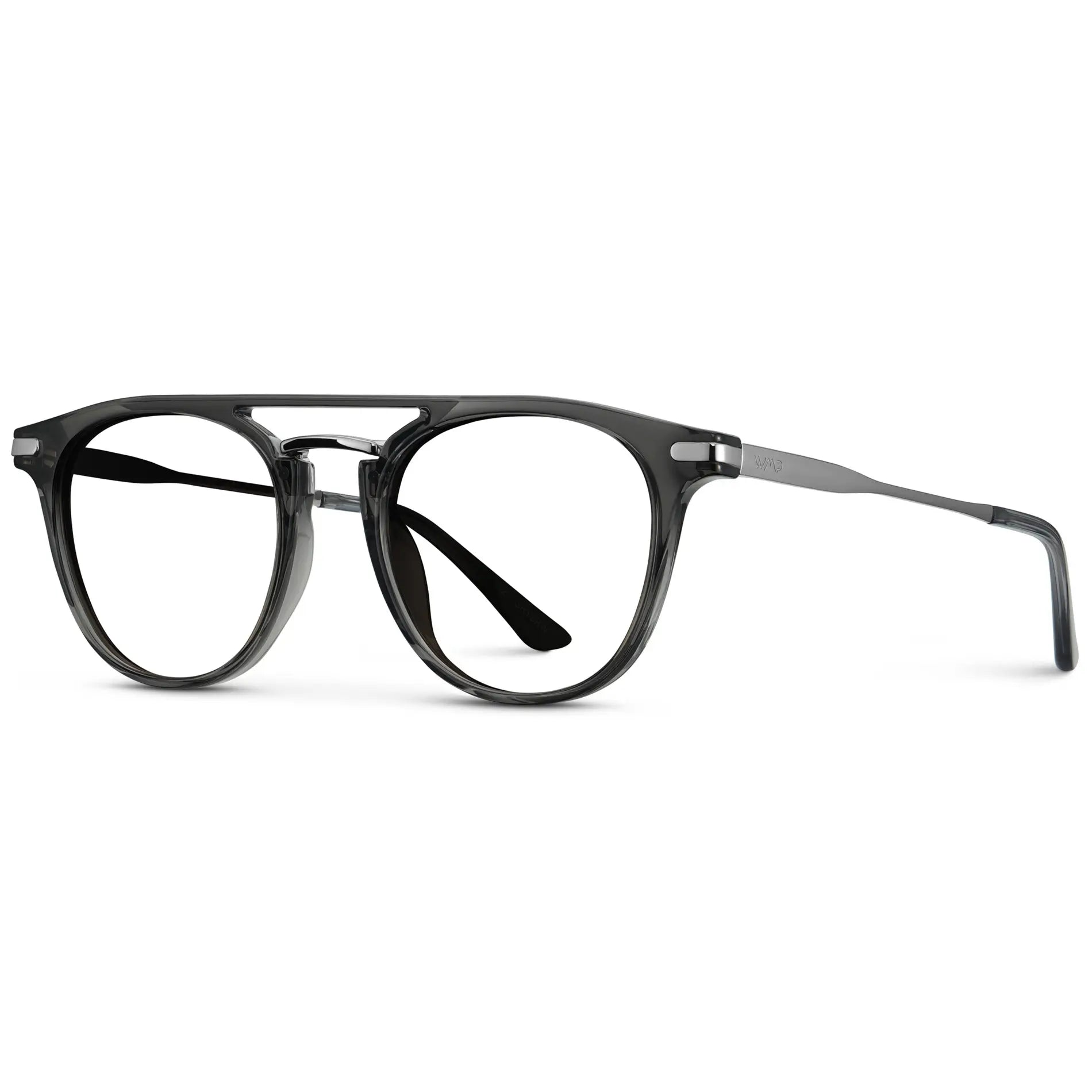 Smoke Grey || Side view of Men's Round Prescription Glasses with Smoke Grey Frame and Clear Lenses on a white background