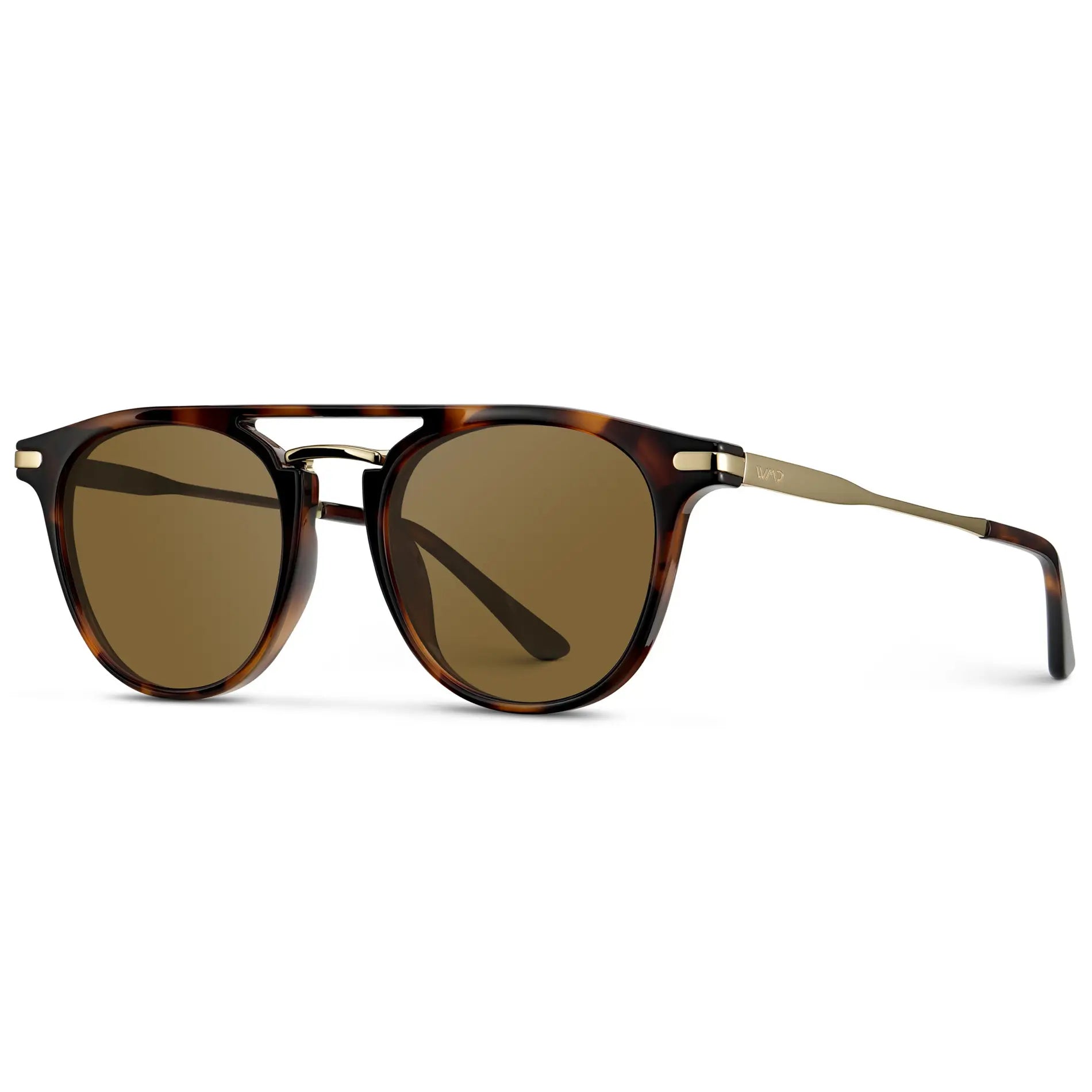 Brown Tortoise / Amber || Side view of Men's Round Prescription Sunglasses with Brown Tortoise Frame and Amber Lenses on a white background