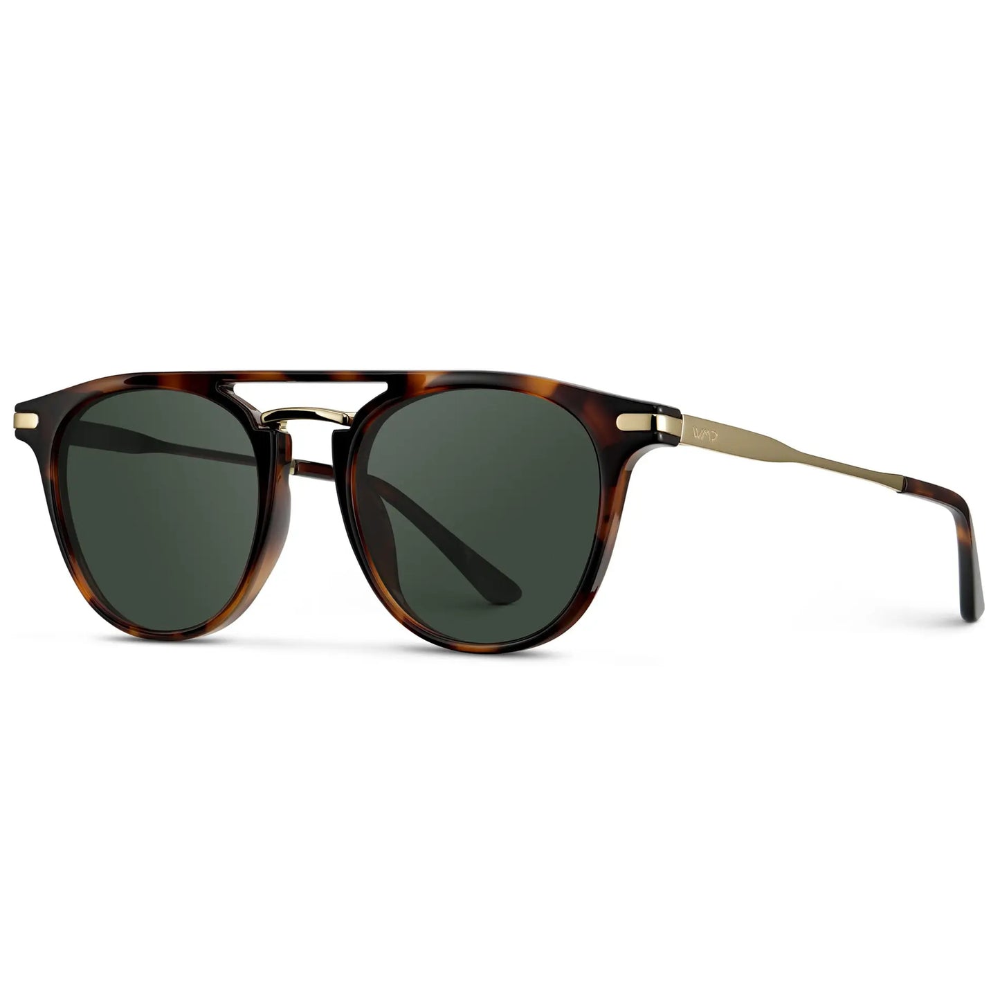 Brown Tortoise / G15 || Side view of Men's Round Prescription Sunglasses with Brown Tortoise Frame and Green Lenses on a white background