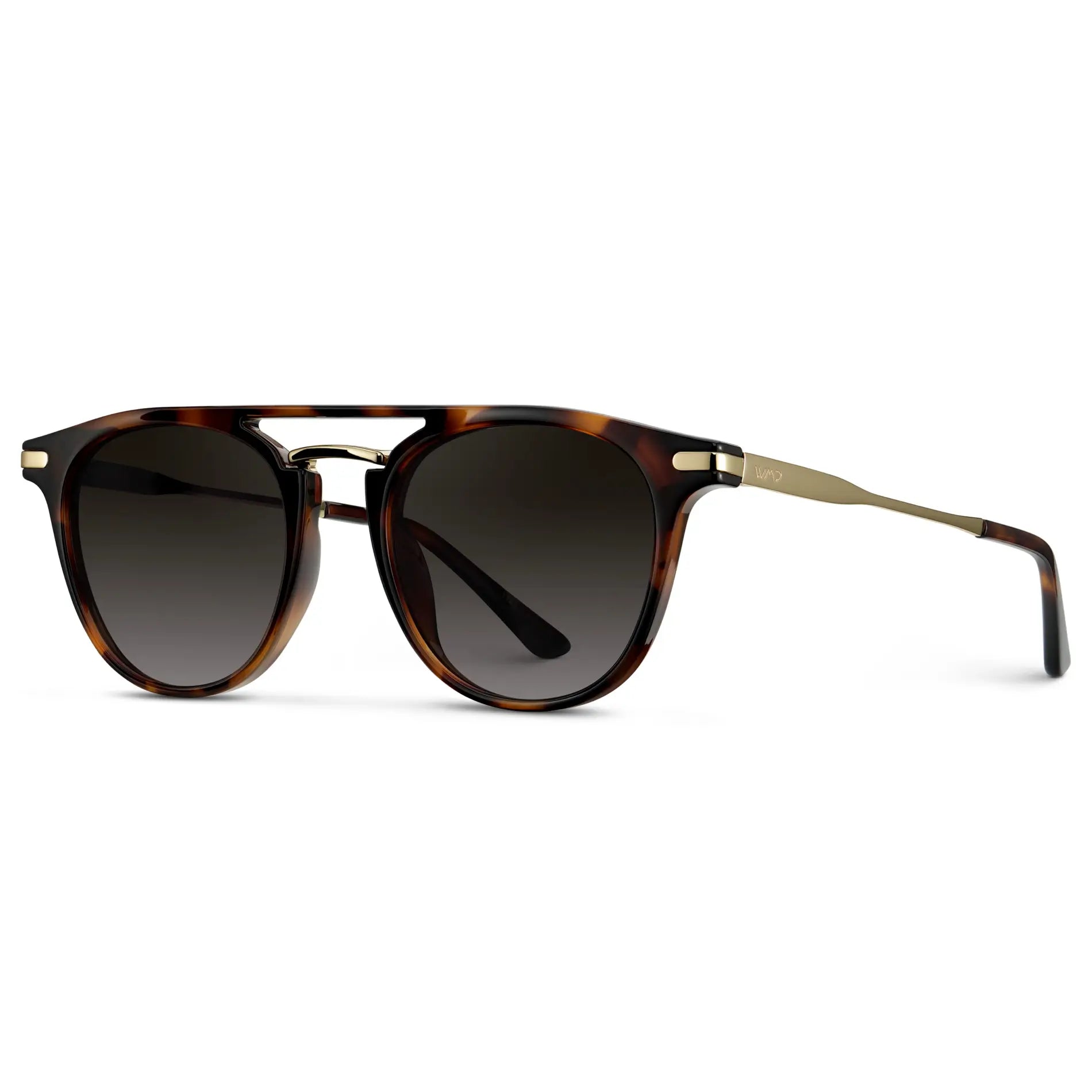 Brown Tortoise / Oak Brown Gradient Lens || Side view of Men's Round Polarized Sunglasses with Brown Tortoise Metal Frame and Oak Brown Gradient Lenses on a white background