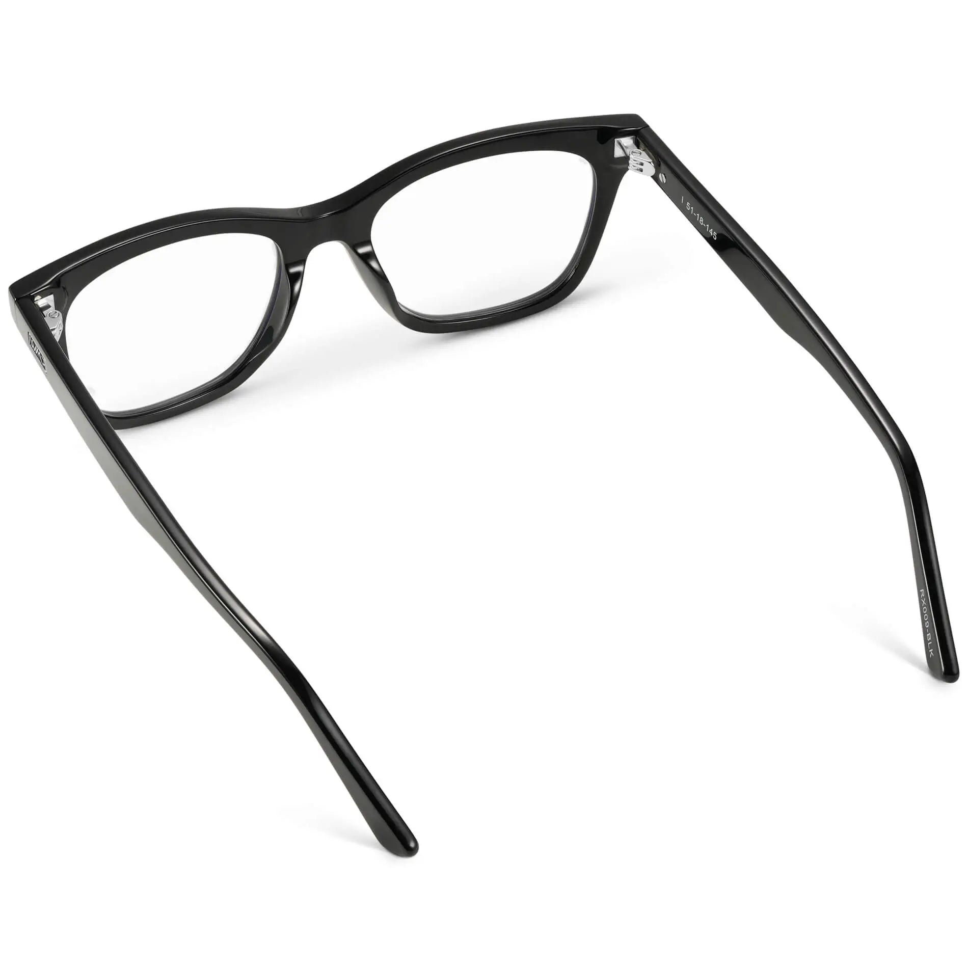Black || Back view of Women's retro cat-eye black acetate frames with clear blue light blocking lens on a white background 