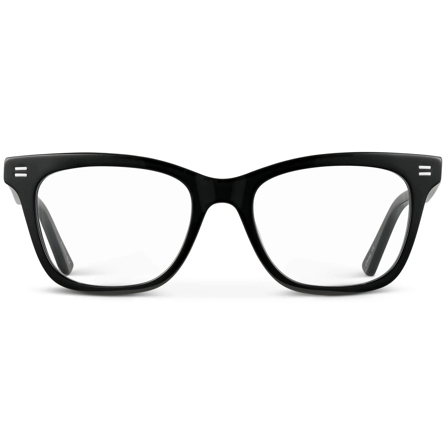 Black || Women's retro cat-eye black acetate frames with clear blue light blocking lens on a white background 