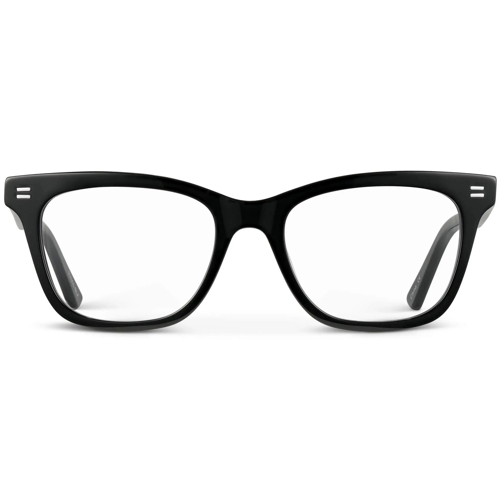 Black || Women's retro cat-eye black acetate frames with clear blue light blocking lens on a white background 
