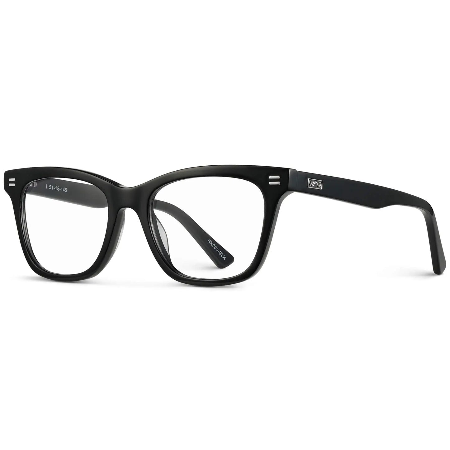 Black || Side view of Women's retro cat-eye black acetate frames with clear blue light blocking lens on a white background 