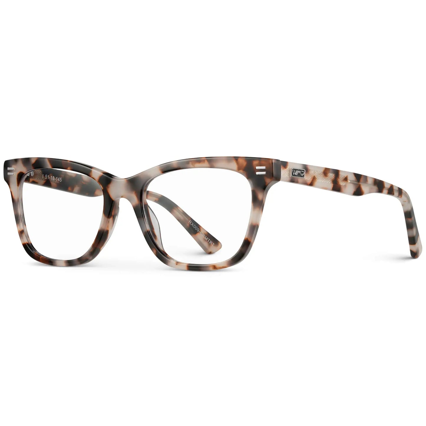 Blush Pink Tortoise || Side view of Women's retro cat-eye blush pink tortoise frame with clear blue light blocking lens on a white background 