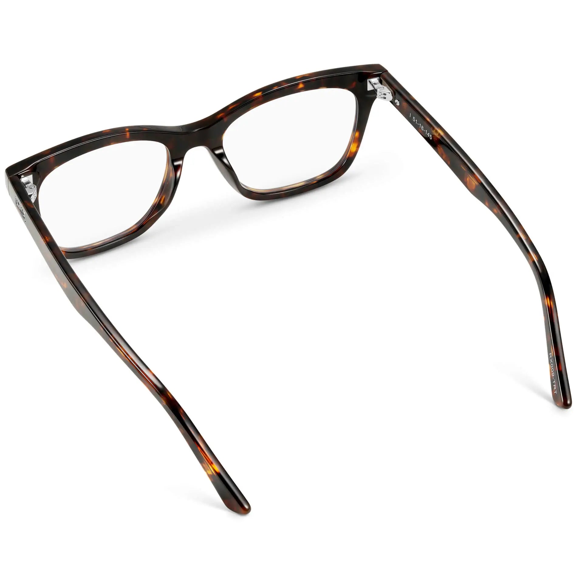 Brown Tortoise || Back view of Women's retro cat-eye brown tortoise frames with clear blue light blocking lens on a white background 
