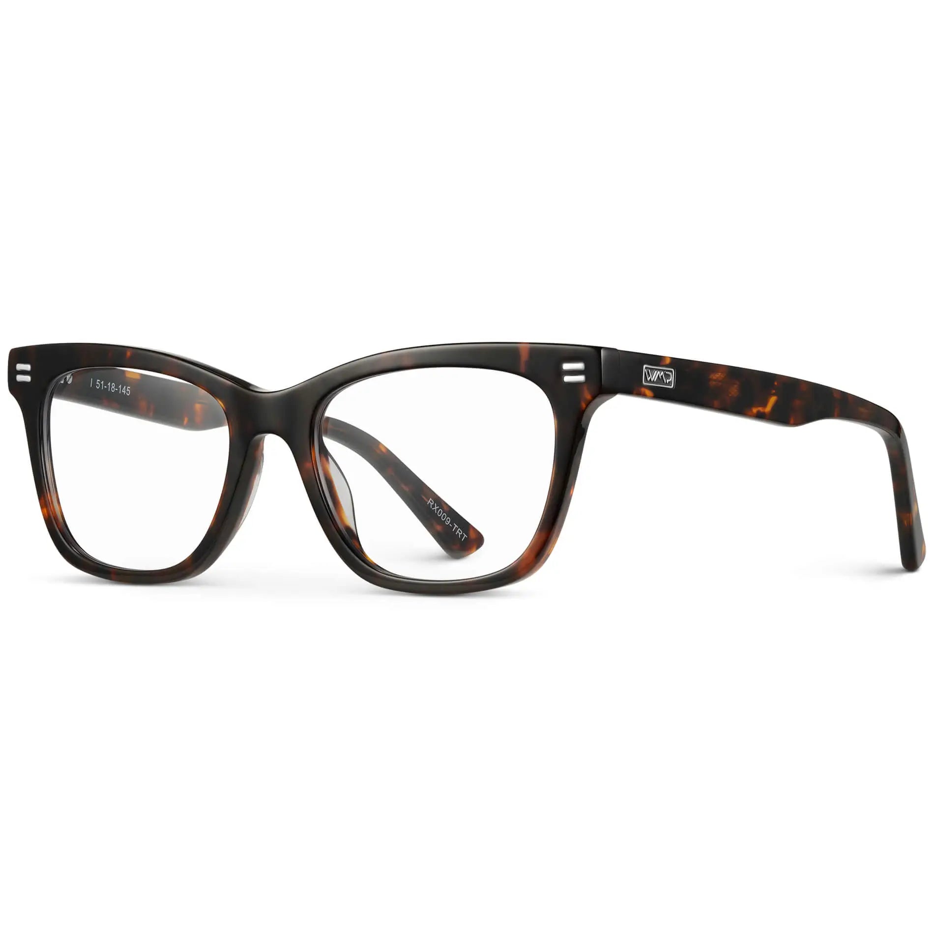 Brown Tortoise || Side view of Women's retro cat-eye brown tortoise frames with clear blue light blocking lens on a white background 