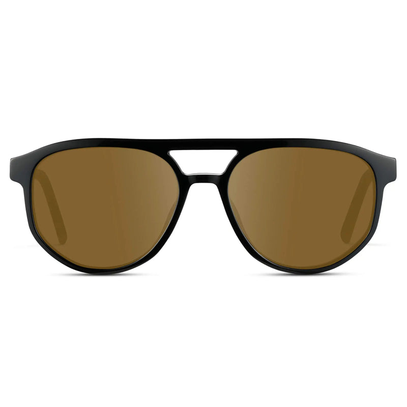 Black Beige Tortoise / Amber || Front view of Men's Modern Aviator Prescription Sunglasses with Black Acetate Frame and Brown Prescription Lens