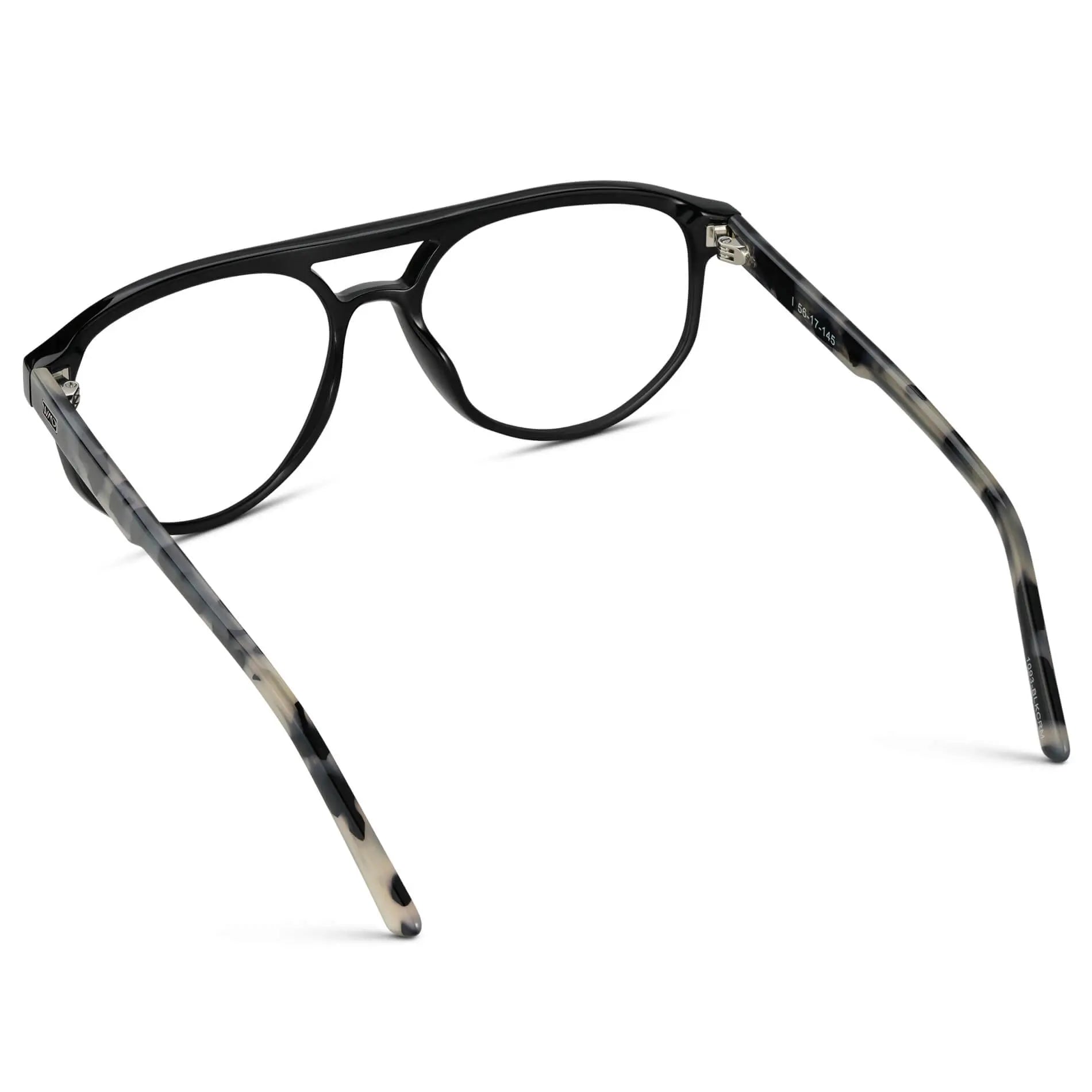 Black Beige Tortoise || Back view of Men's Modern Aviator Prescription Glasses with Black Acetate Frame and Clear Lens on a white background