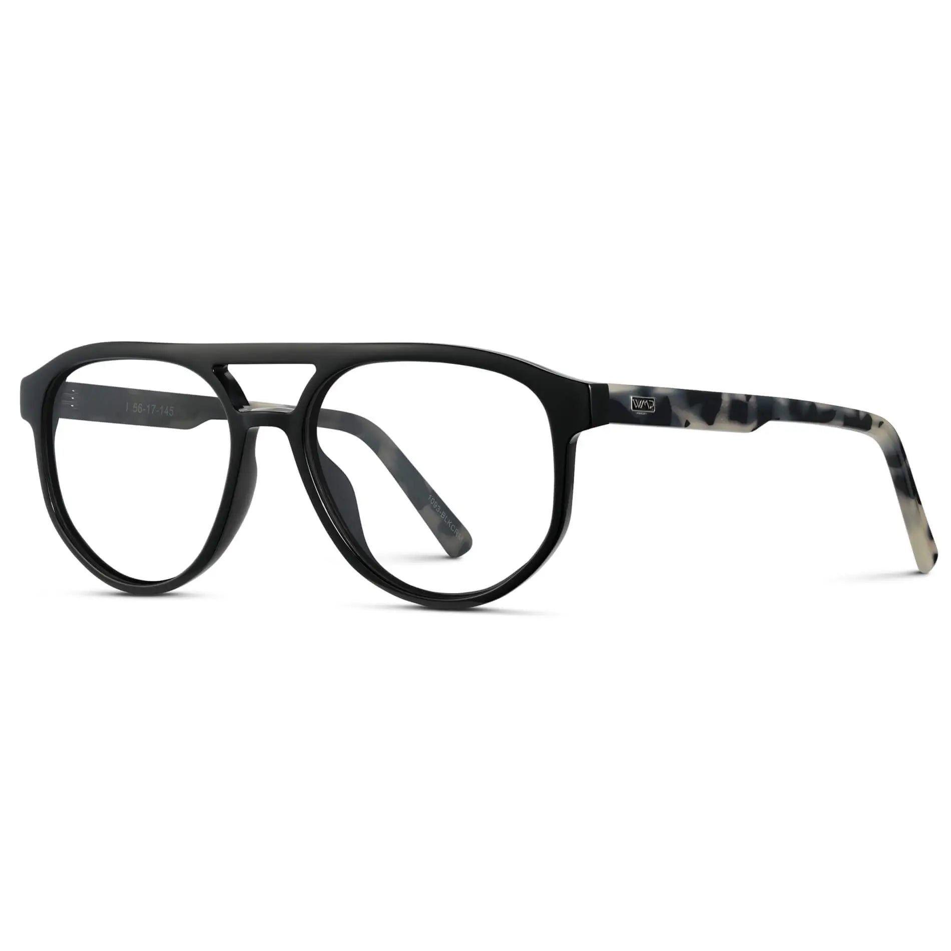 Black Beige Tortoise || Side view of Men's Modern Aviator Prescription Glasses with Black Acetate Frame and Clear Lens on a white background