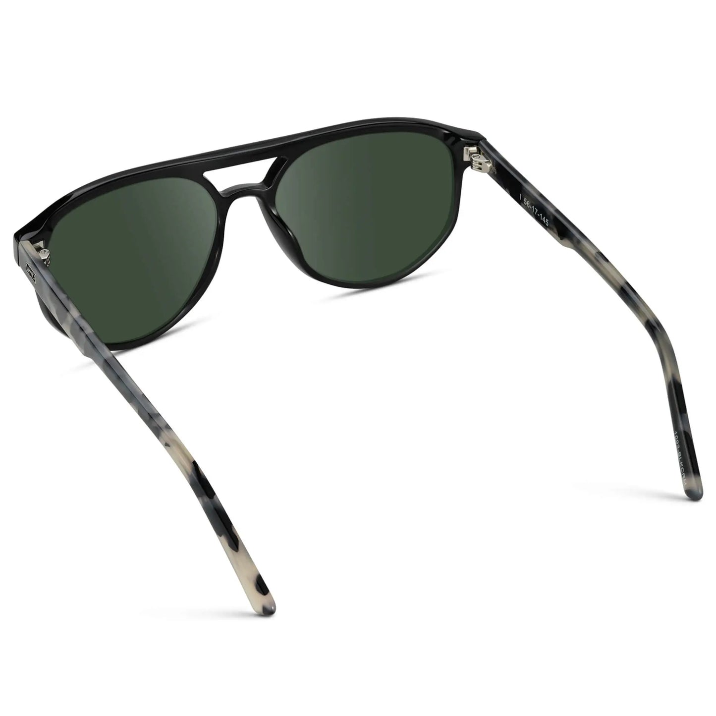 Black Beige Tortoise / G15 || Back view of Men's Modern Aviator Prescription Sunglasses with Black Acetate Frame and Green Prescription Lens