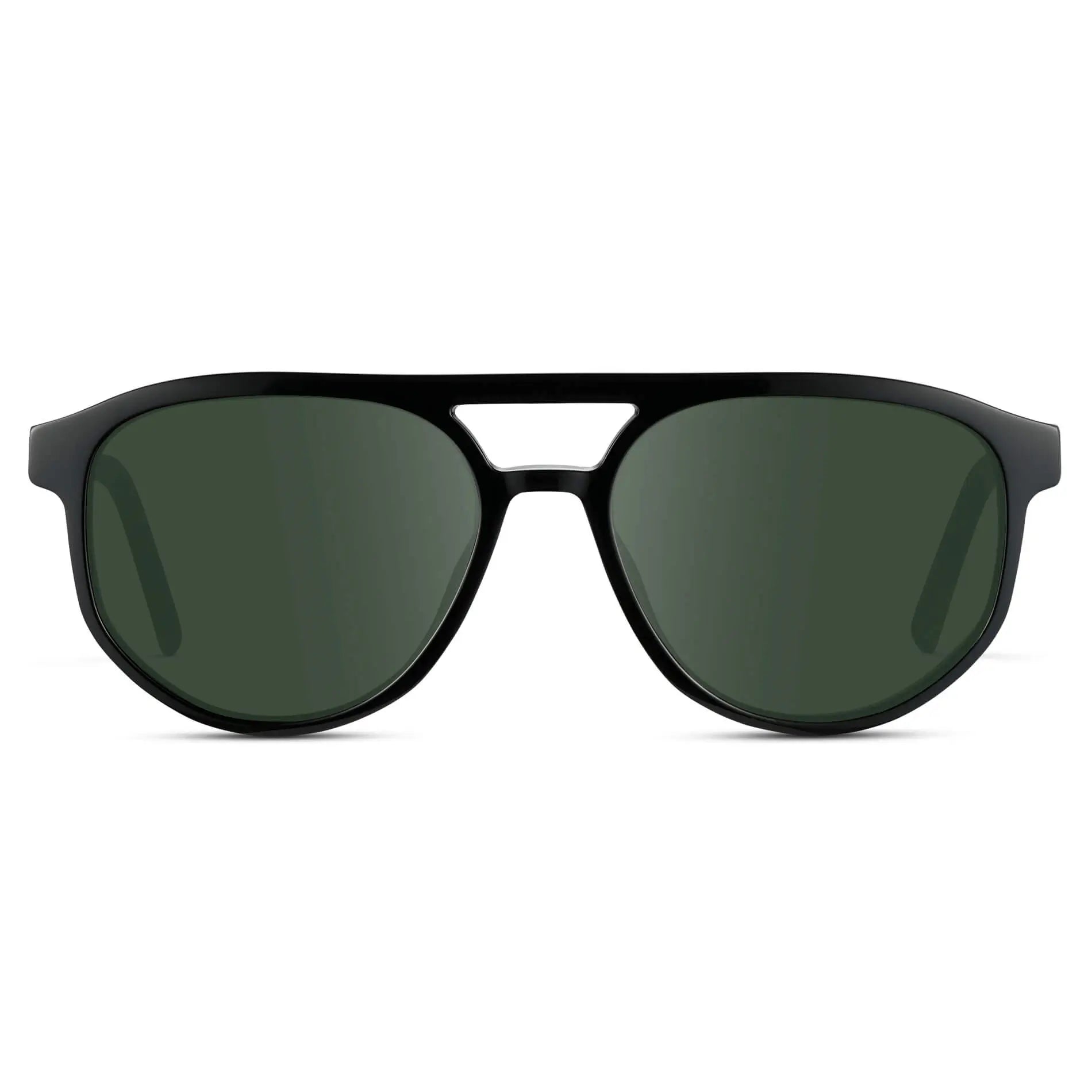 Black Beige Tortoise / G15 || Front view of Men's Modern Aviator Prescription Sunglasses with Black Acetate Frame and Green Prescription Lens