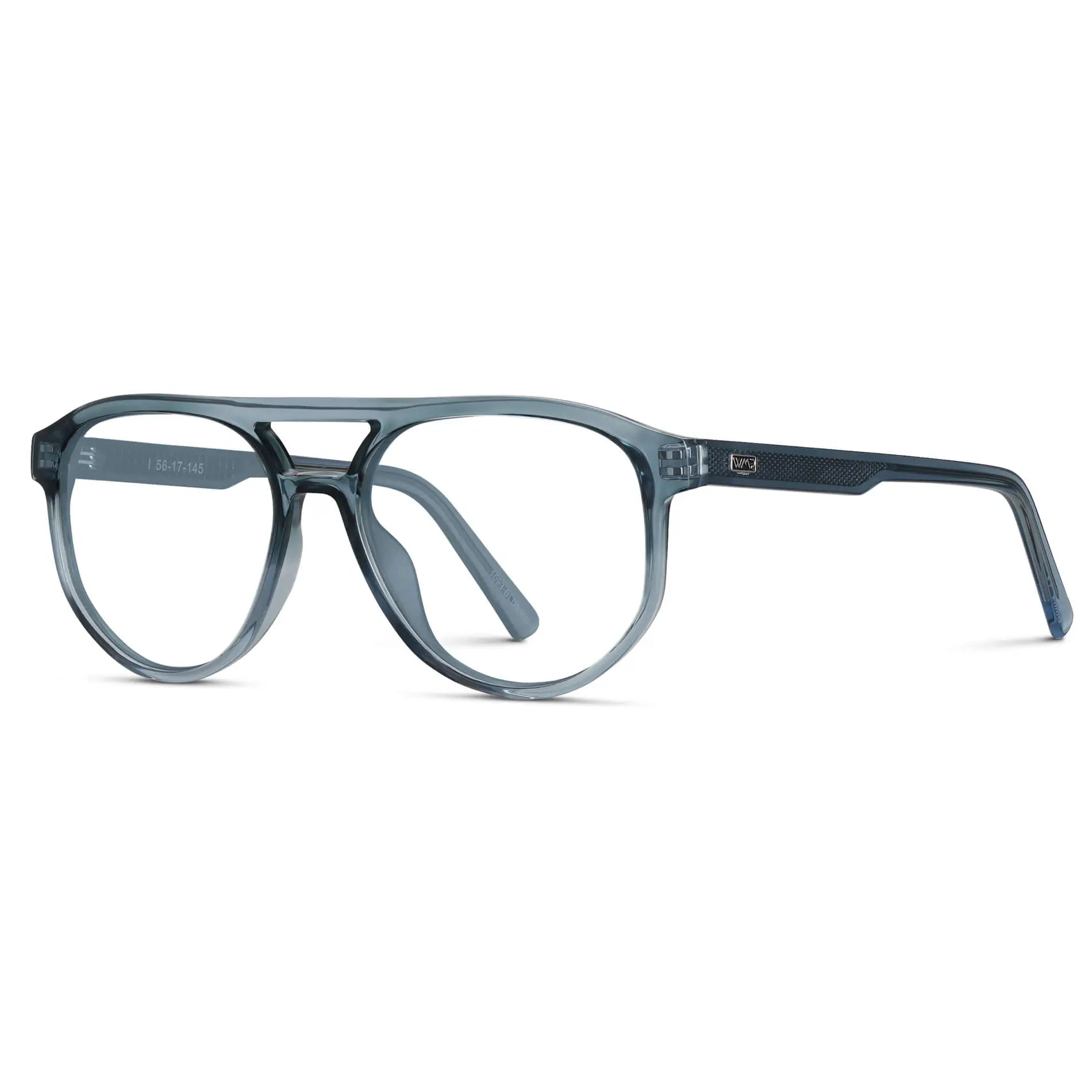 Chambray Blue || Side view of Men's Modern Aviator Prescription Glasses with Blue Acetate Frame and Clear Lens on a white background