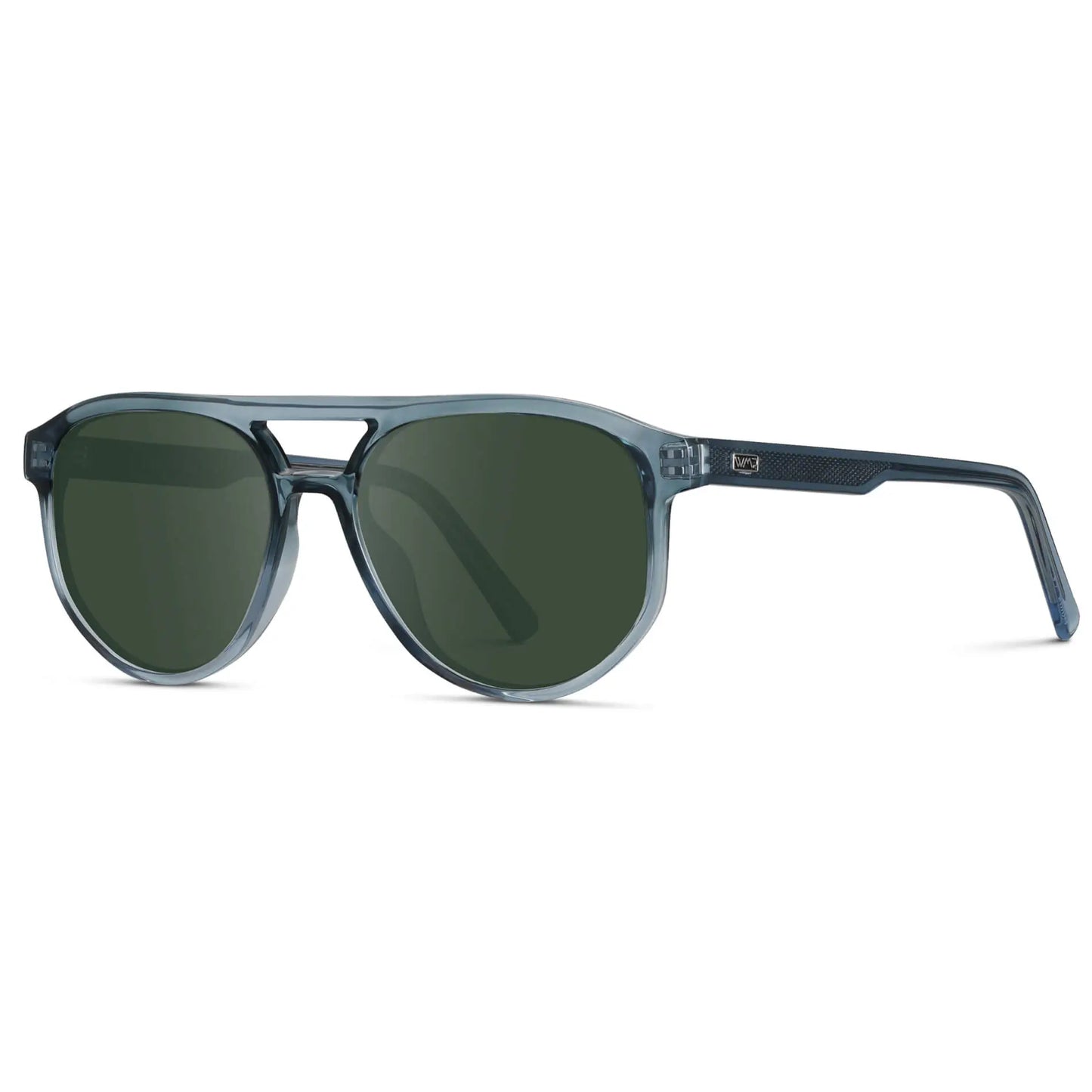 Chambray Blue / G15 || Side view of Men's Modern Aviator Prescription Sunglasses with Blue Acetate Frame and Green Prescription Lens