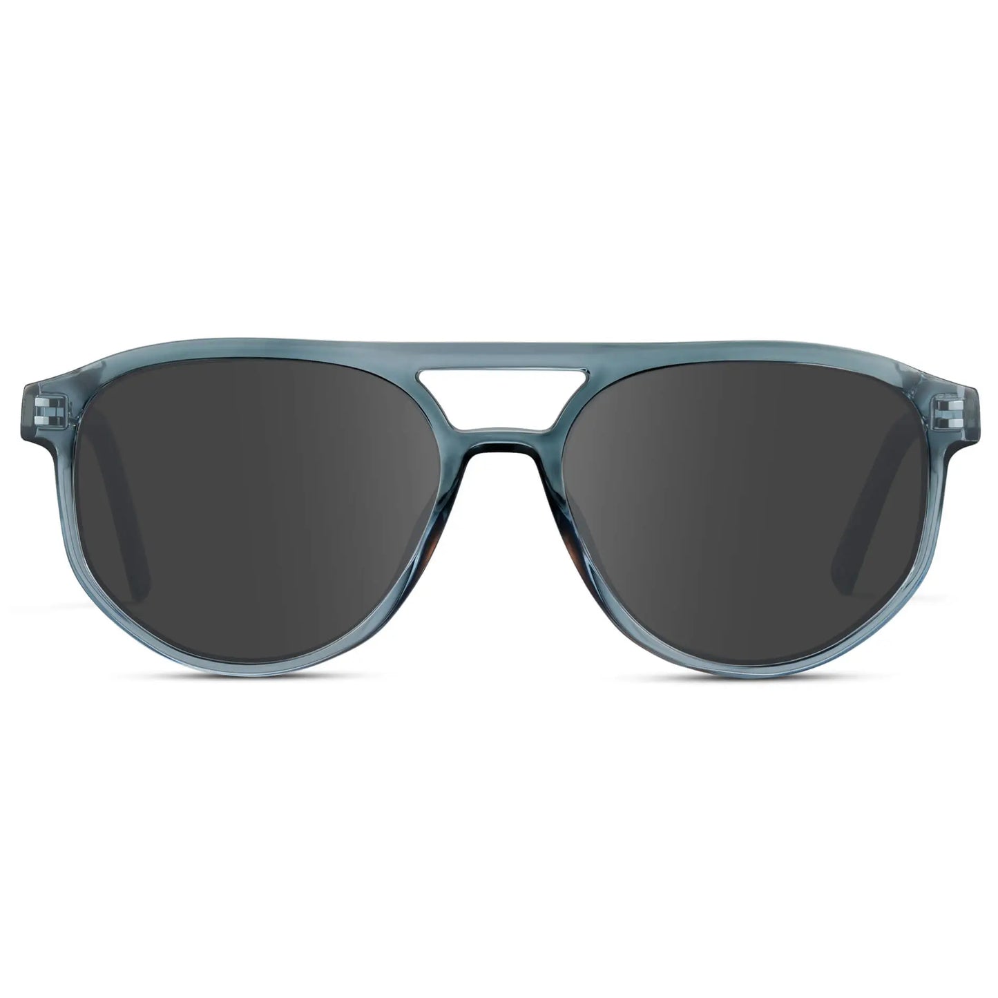 Chambray Blue / Grey || Front view of Men's Modern Aviator Prescription Sunglasses with Blue Acetate Frame and Grey Prescription Lens