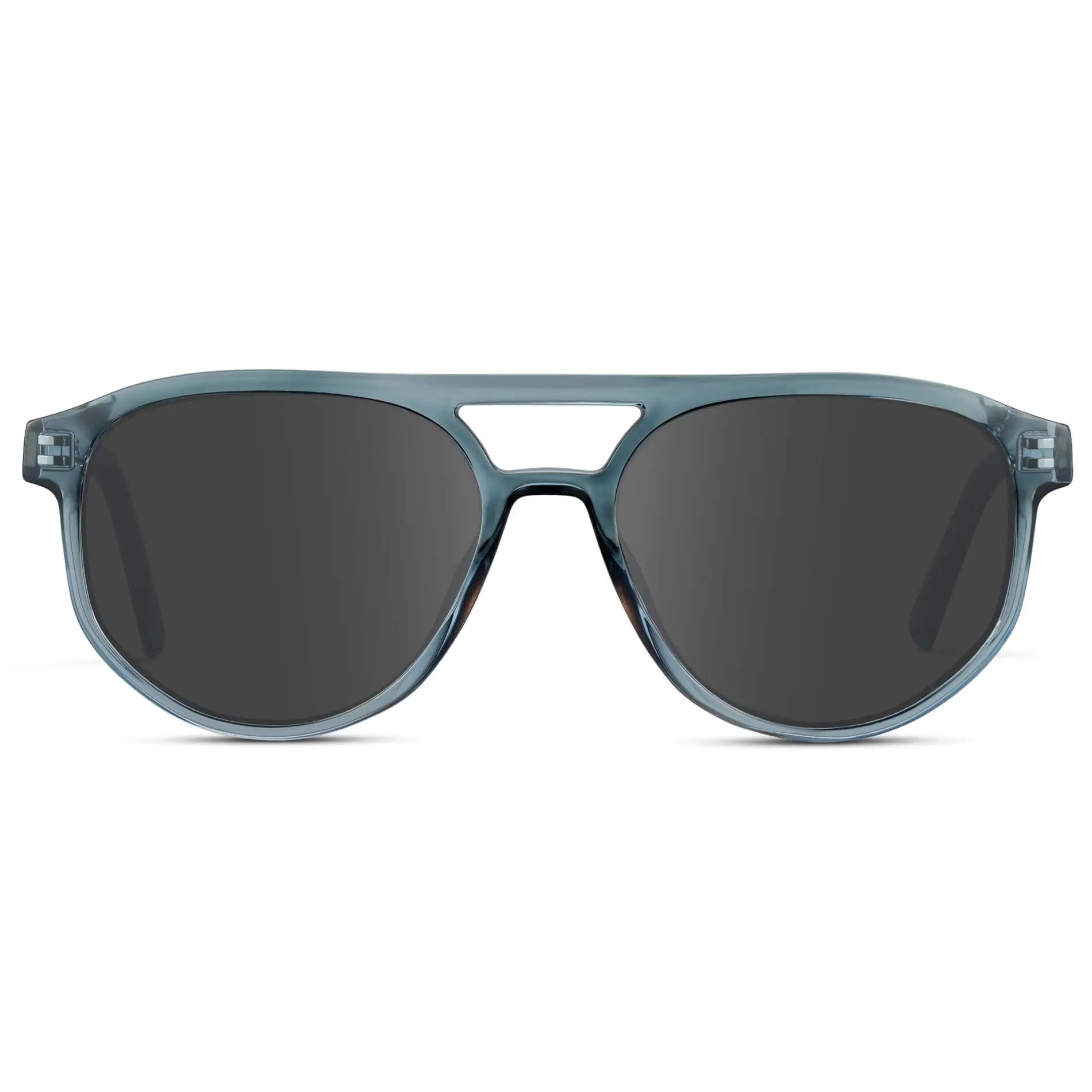 Chambray Blue / Grey || Front view of Men's Modern Aviator Prescription Sunglasses with Blue Acetate Frame and Grey Prescription Lens
