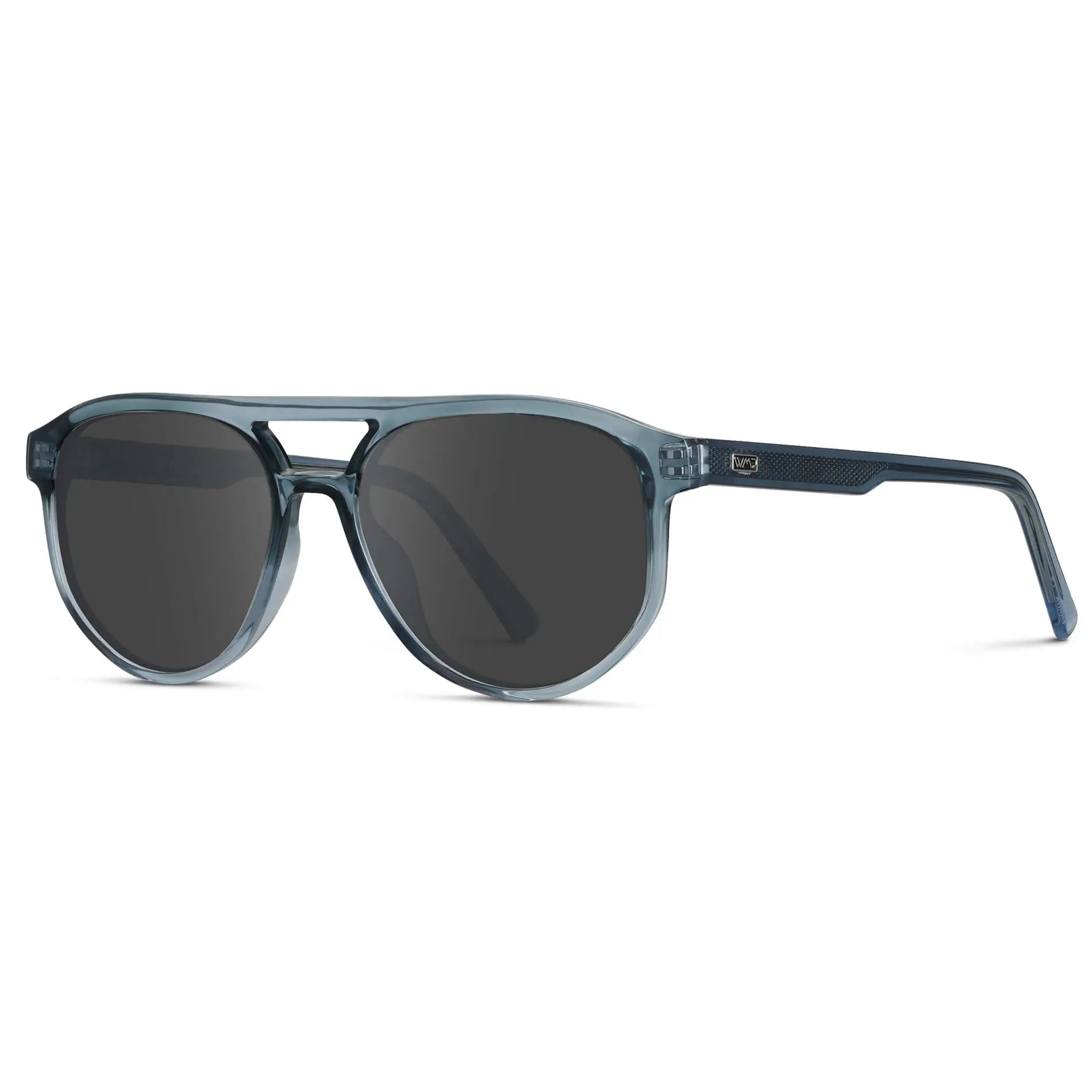 Chambray Blue / Grey || Side view of Men's Modern Aviator Prescription Sunglasses with Blue Acetate Frame and Grey Prescription Lens
