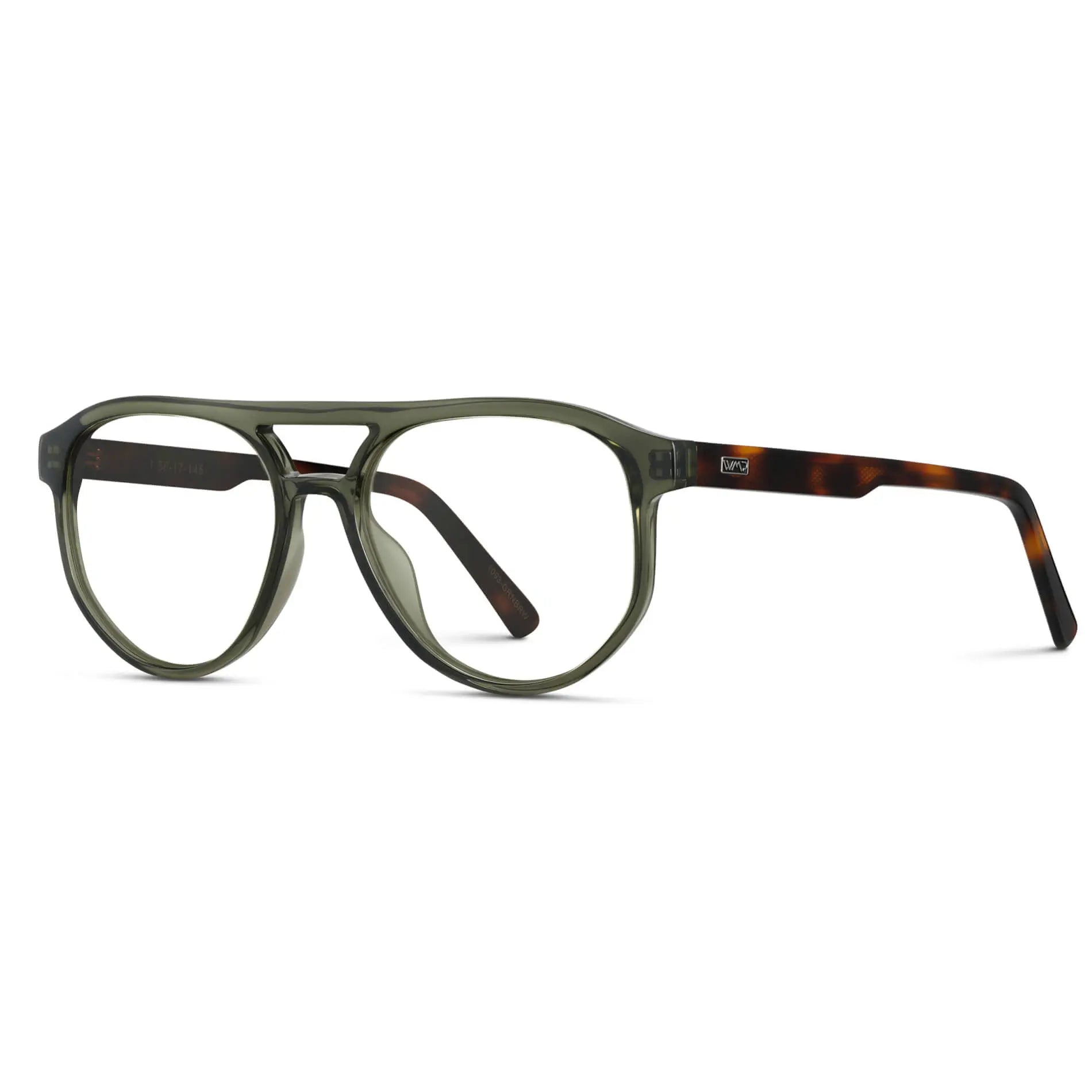Tortoise Sage || Side view of Men's Modern Aviator Prescription Glasses with Tortoise Sage Acetate Frame and Clear Lens on a white background