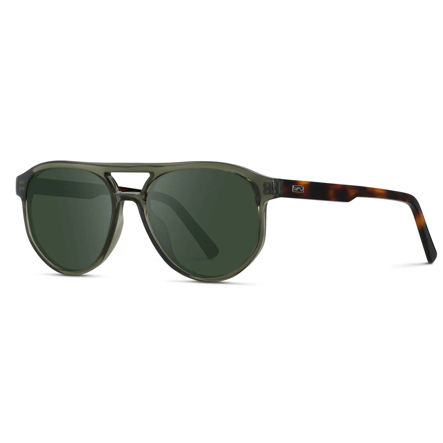Tortoise Sage / G15 || Side view of Men's Modern Aviator Prescription Sunglasses with Green Acetate Frame and Green Prescription Lens