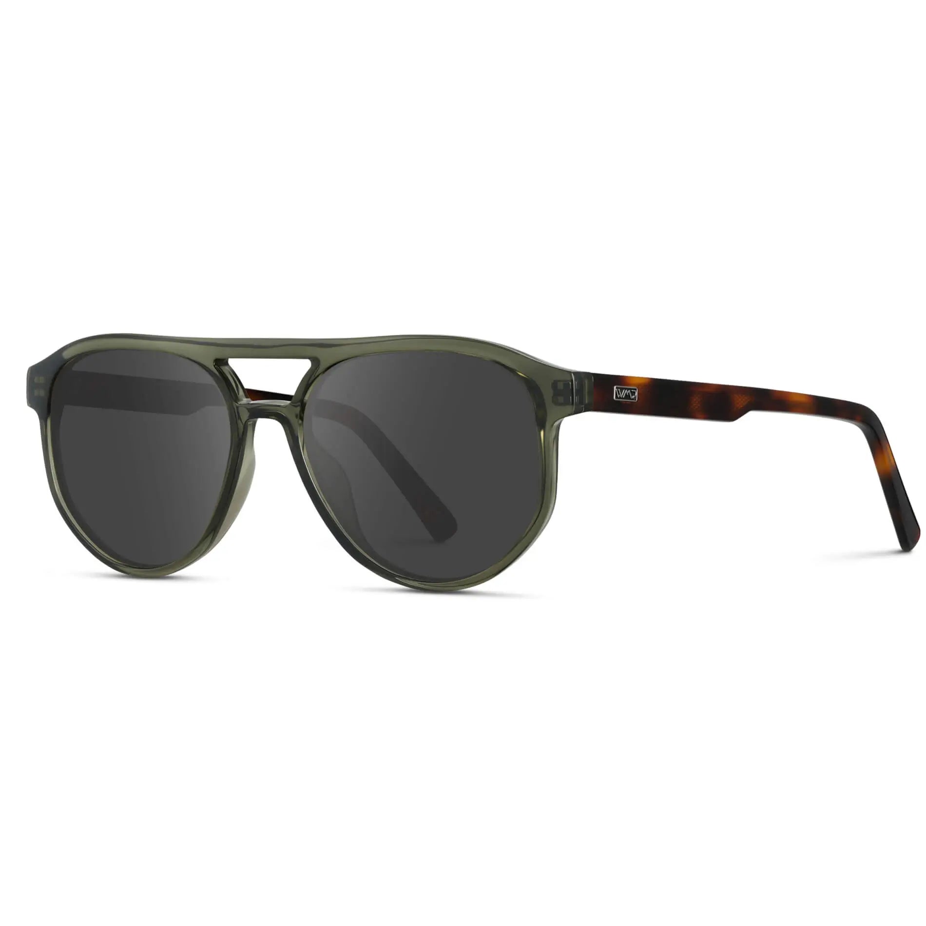 Tortoise Sage / Grey || Side view of Men's Modern Aviator Prescription Sunglasses with Green Acetate Frame and Grey Prescription Lens