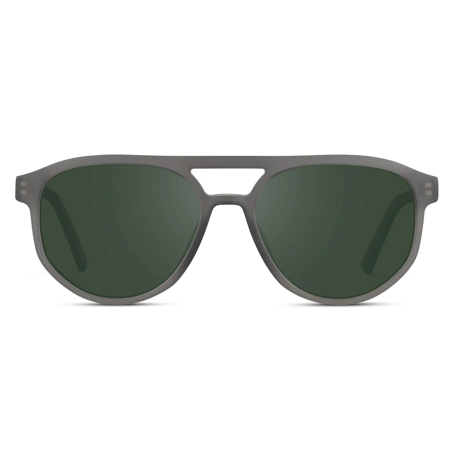 Frosted Graphite / G15 || Front view of Men's Modern Aviator Prescription Sunglasses with Grey Acetate Frame and Green Prescription Lens
