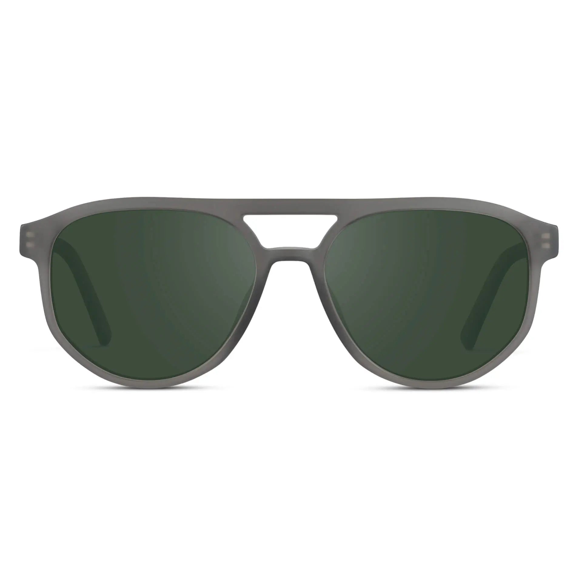 Frosted Graphite / G15 || Front view of Men's Modern Aviator Prescription Sunglasses with Grey Acetate Frame and Green Prescription Lens
