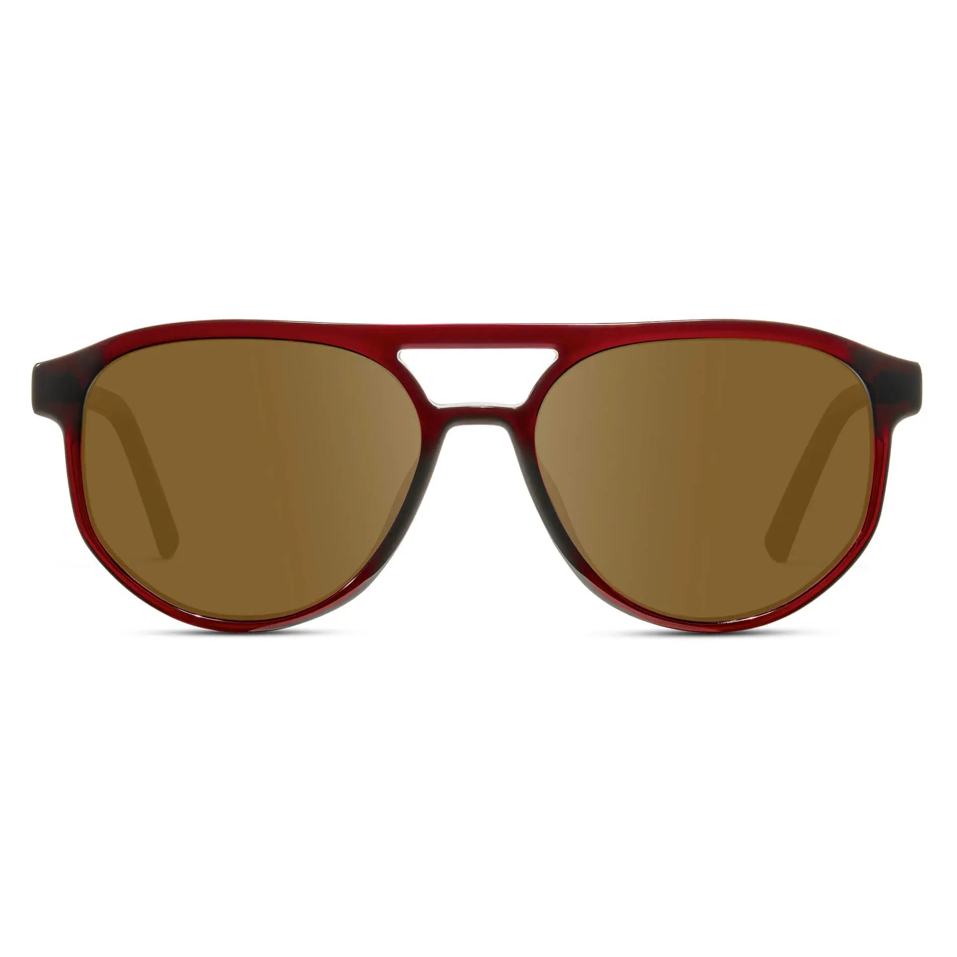 Red Garnet / Amber || Front view of Men's Modern Aviator Prescription Sunglasses with Red Acetate Frame and Brown Prescription Lens
