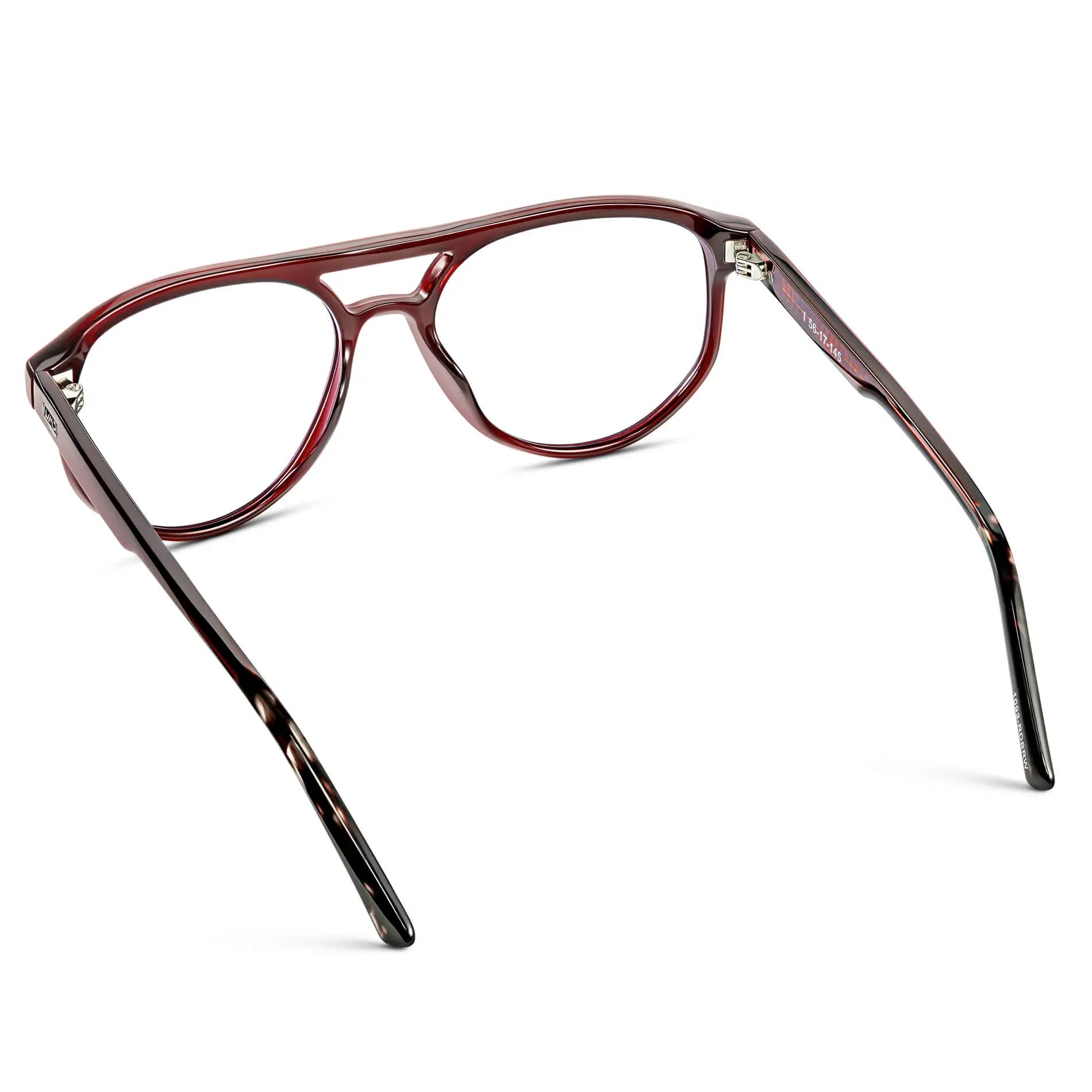 Red Garnet || Back view of Men's Modern Aviator Prescription Glasses with Red Garnet Acetate Frame and Clear Lens on a white background