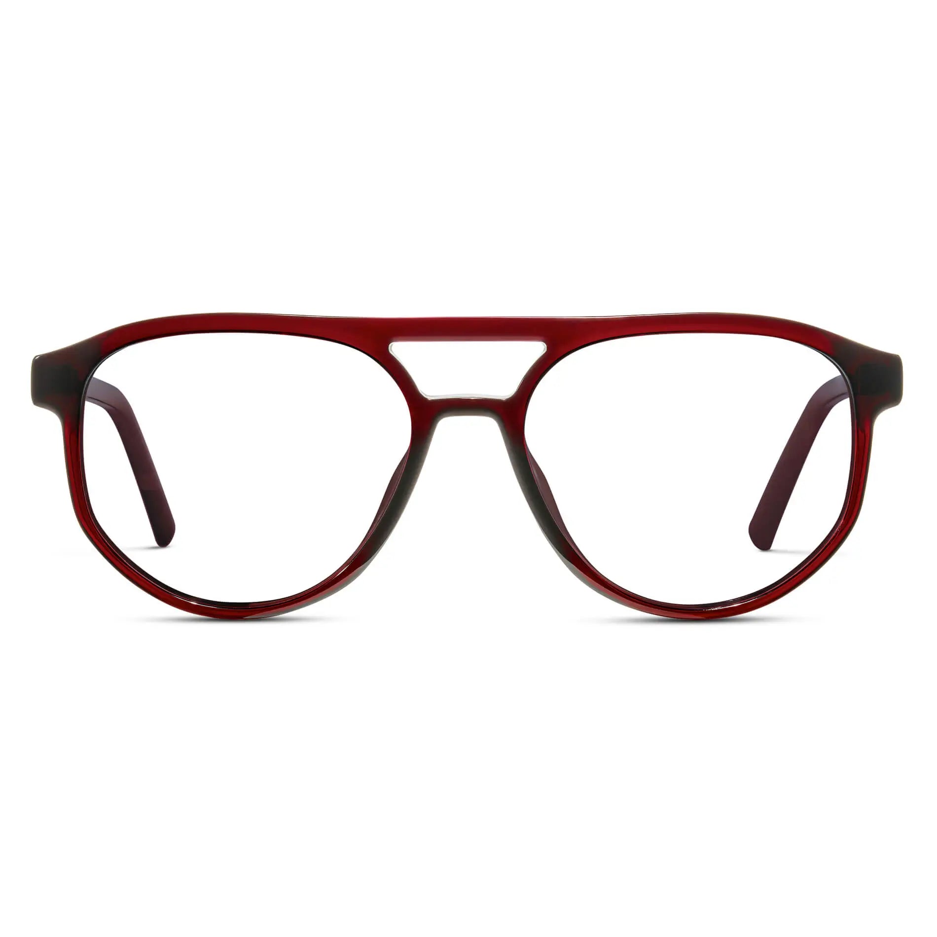 Red Garnet || Men's Modern Aviator Prescription Glasses with Red Garnet Acetate Frame and Clear Lens on a white background