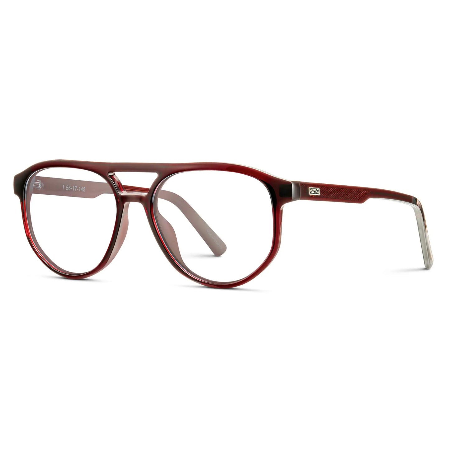 Red Garnet || Side view of Men's Modern Aviator Prescription Glasses with Red Garnet Acetate Frame and Clear Lens on a white background