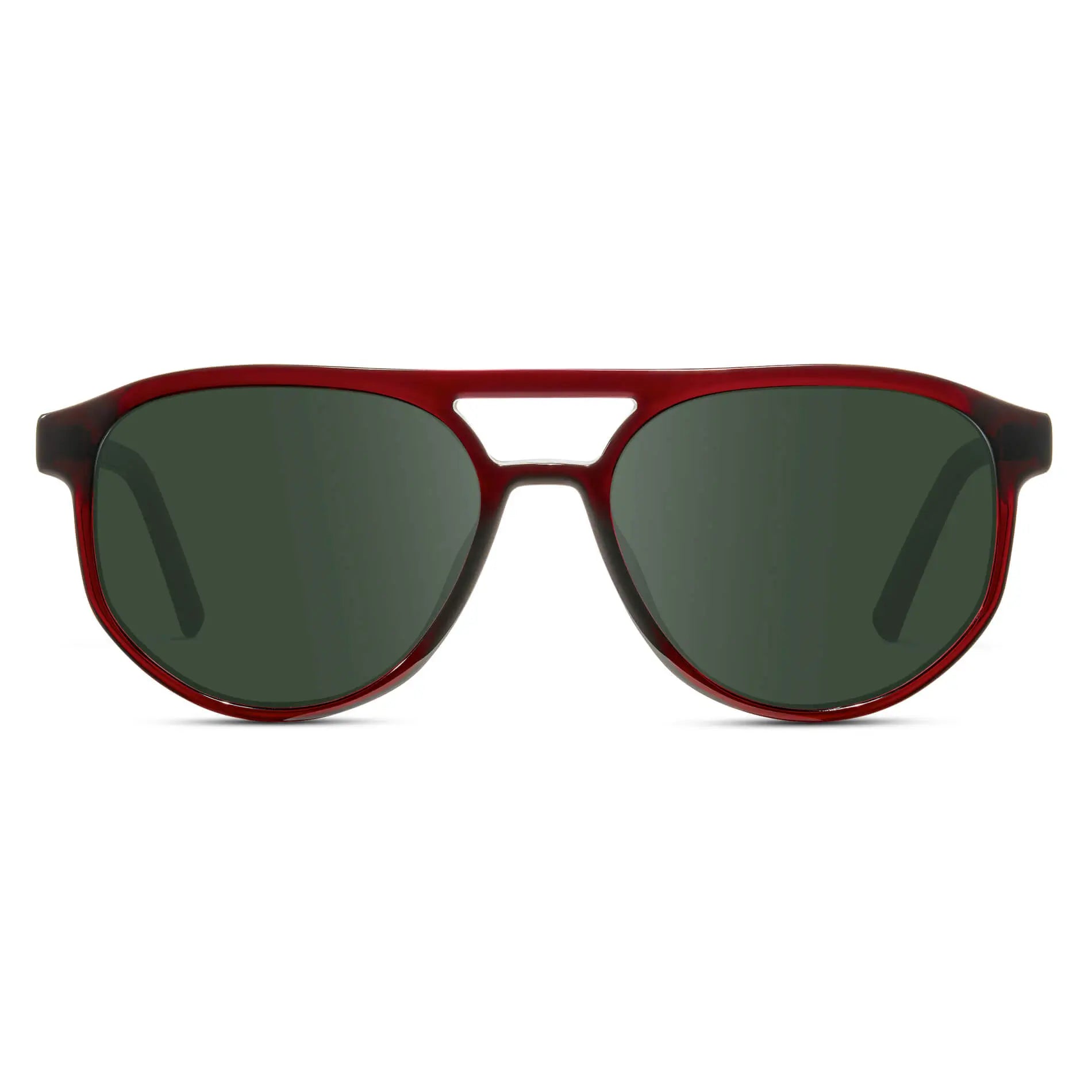 Red Garnet / G15 || Front view of Men's Modern Aviator Prescription Sunglasses with Red Acetate Frame and Green Prescription Lens