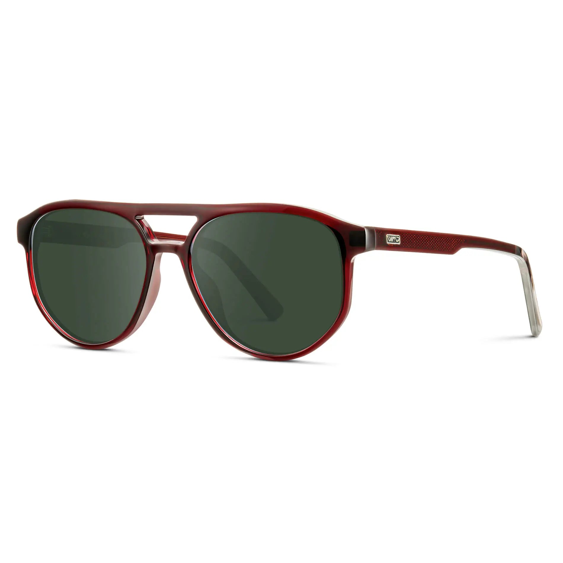 Red Garnet / G15 || Side view of Men's Modern Aviator Prescription Sunglasses with Red Acetate Frame and Green Prescription Lens