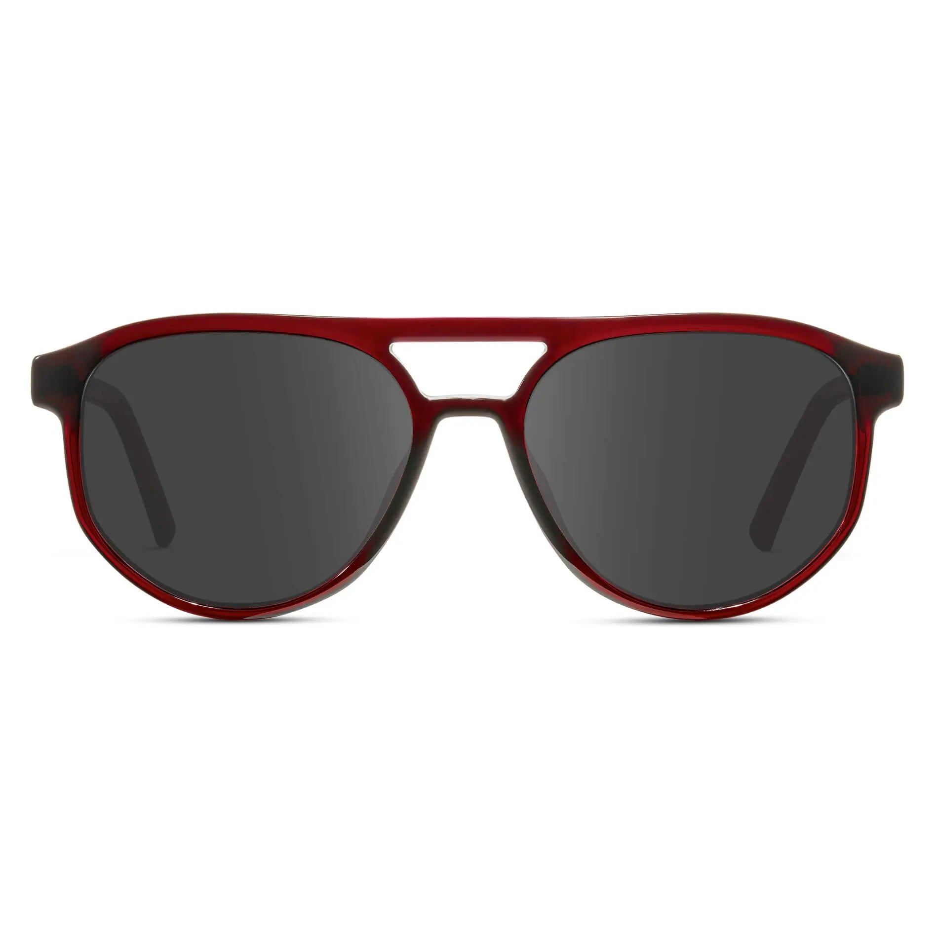 Red Garnet / Grey || Front view of Men's Modern Aviator Prescription Sunglasses with Red Acetate Frame and Grey Prescription Lens